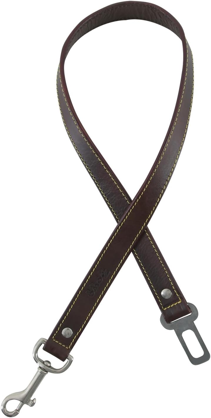 Genuine Leather Dog seat Belt for car, Safe Distraction Free Driving, Heavy-Duty Design with Military Grade Hardware, Harness for Small, Medium and Large Pets (Brown, 30″)