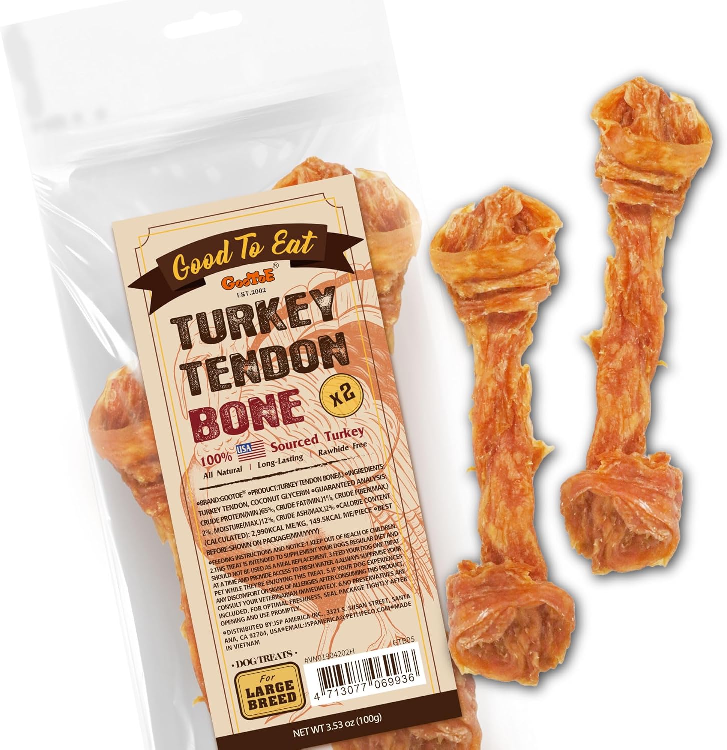 Gootoe Turkey Tendons for Dogs –All-Natural, Hypoallergenic Dog Treats, Rawhide Alternative, Long Lasting Puppy Chews, Healthy Dog Treats for Large Breeds, Bone (L), 2 Count Pack