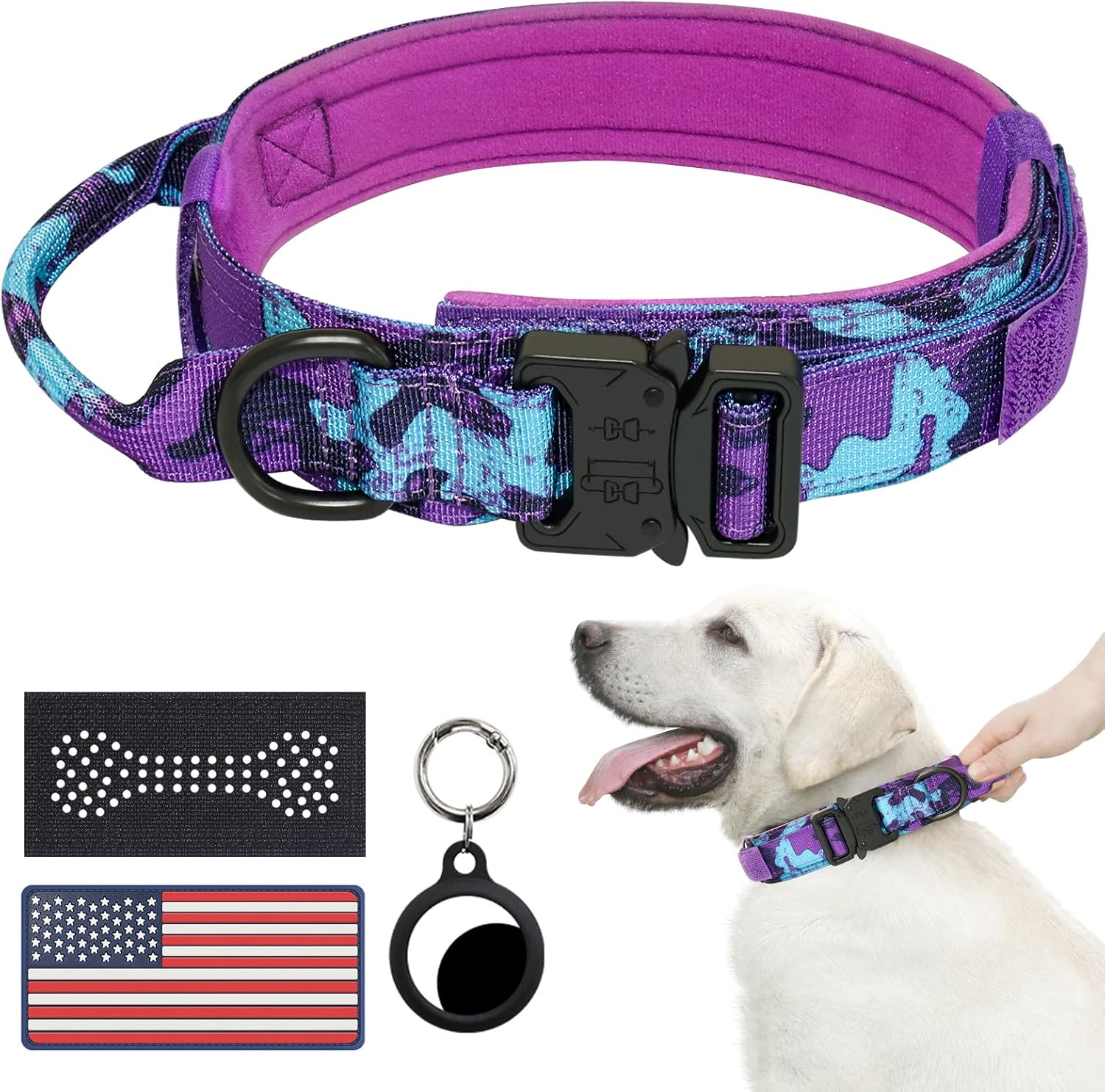Hotsky Tactical Dog Collar, Adjustable Military Training Nylon Airtag Collar with Handle and Heavy Duty Metal Buckle for Medium Large Dogs, with Airtag Holder and Two Patches（Purple Camo,L）