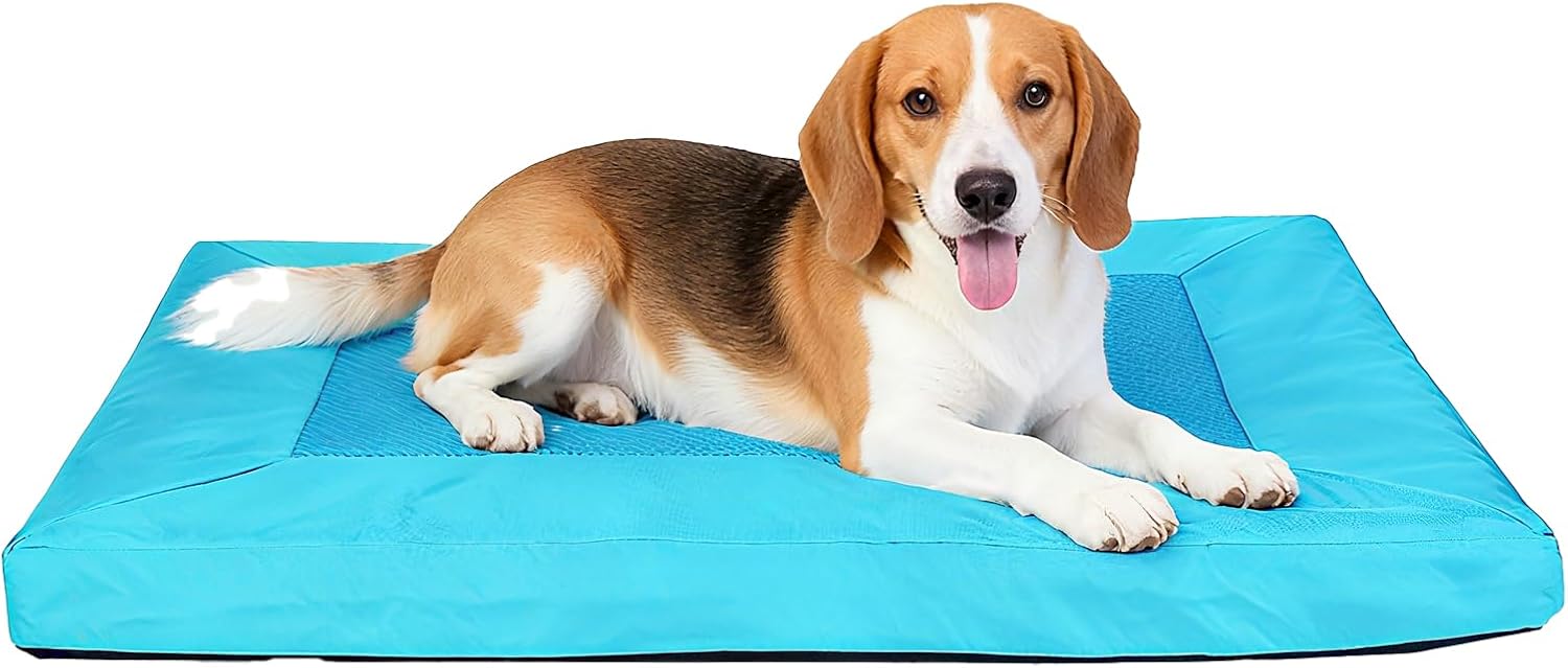 Indestructible Dog Crate Bed, Orthopedic Memory Foam Dog Bed with Removable Cover and Anti-Slip Bottom, Chew Proof Mattress for Large Dogs, 44″ x 32″，Blue