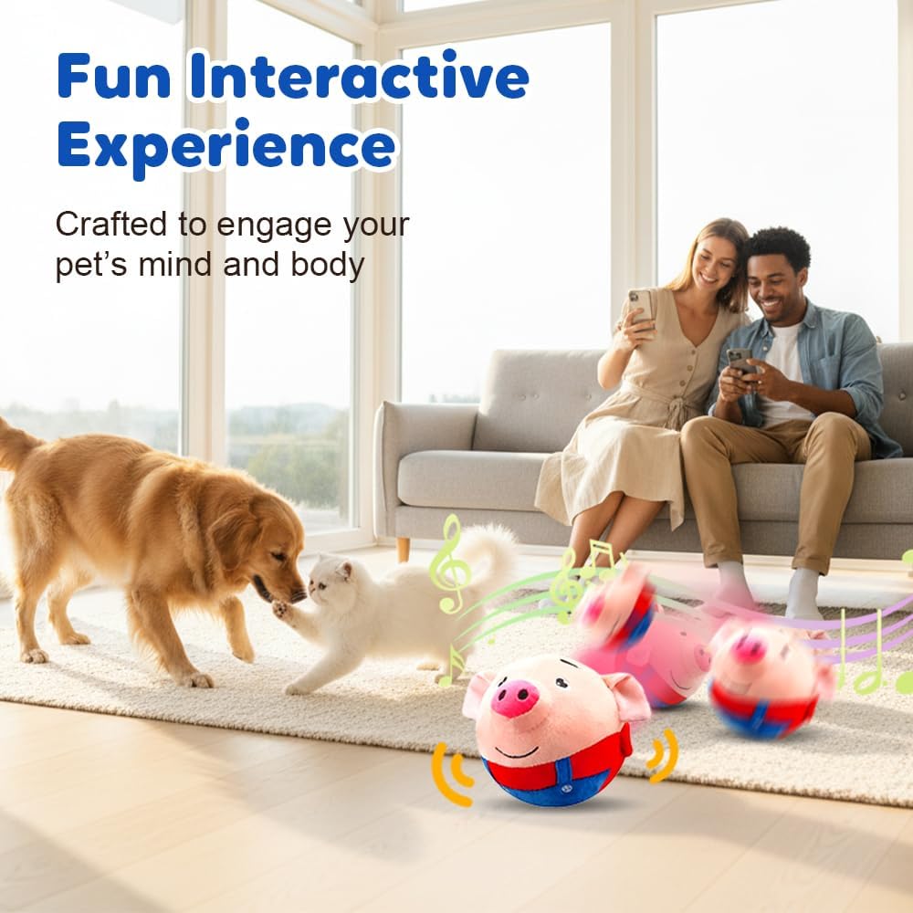 Interactive Dog Toys, Active Moving Pet Plush Toy, 2026 Upgraded Rechargeable Squeaky Dog Ball Toy with Recording Sound, Washable Cartoon Pig Plush Toy for Dogs Puppies (Red)
