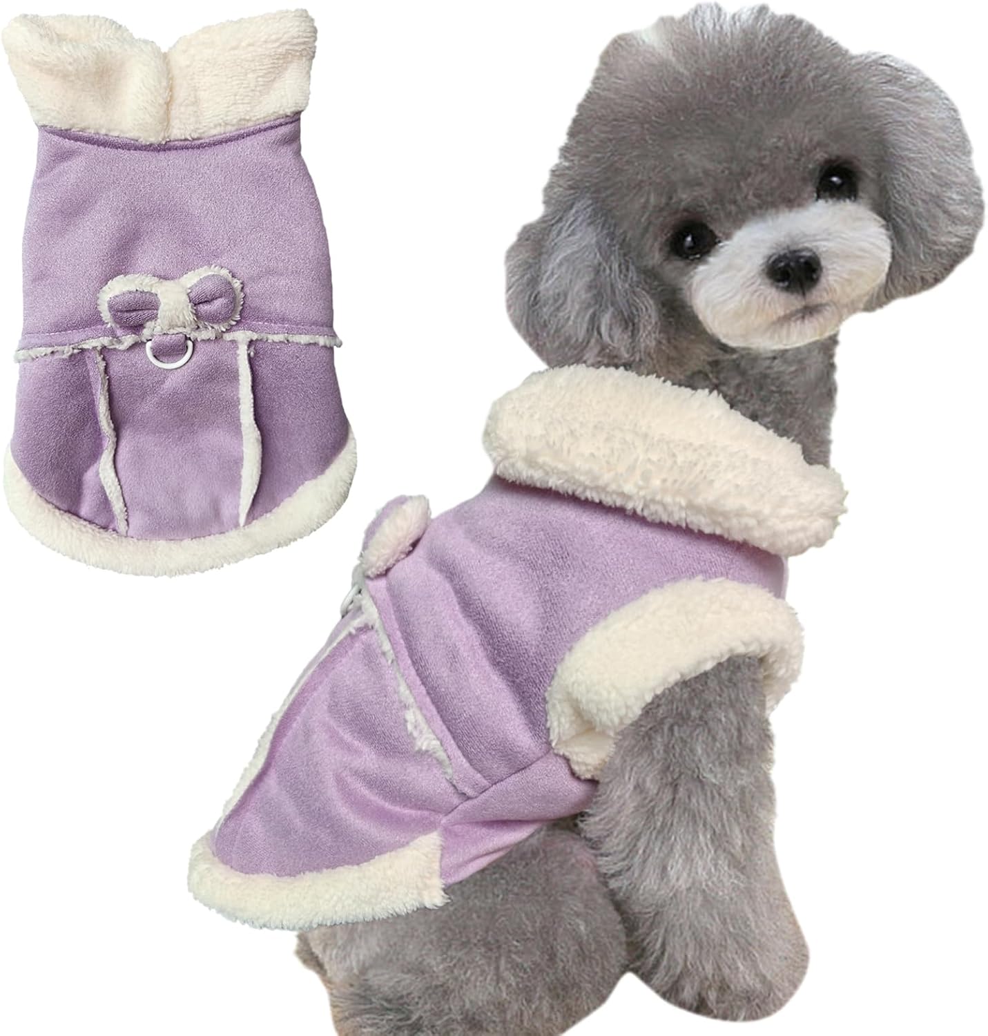 Jecikelon Bowtie Dog Cold Weather Coat Fleece Lining Warm Pet Puppy Turtleneck Dogs Winter Clothes for Small Dogs with D-Ring (Purple, Medium)