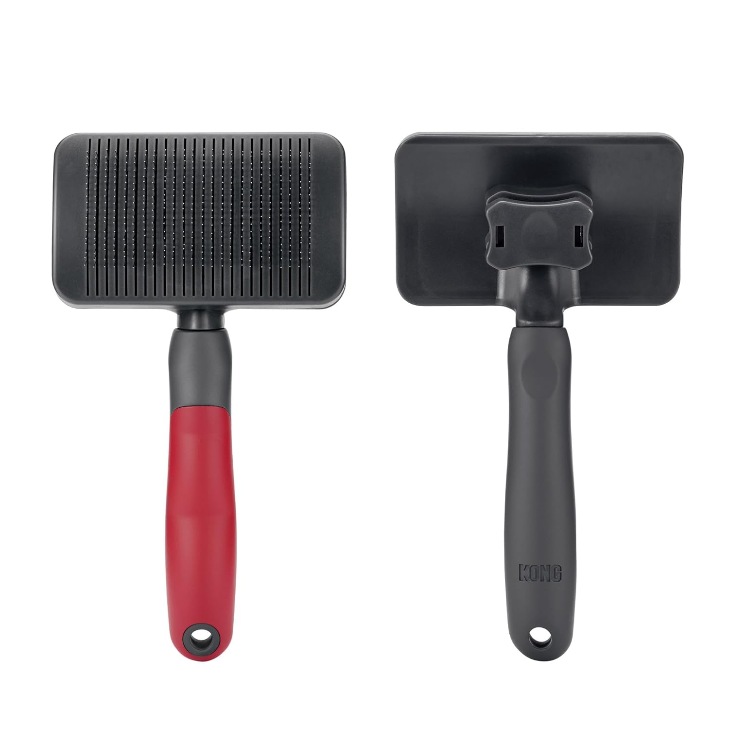 KONG Large Self-Cleaning Slicker Brush – Easy Hair Removal, Reduces Shedding, Non-Slip Grip, Long Metal Pins, for Medium to Large Dogs with Medium to Long Coats, Red/Gray