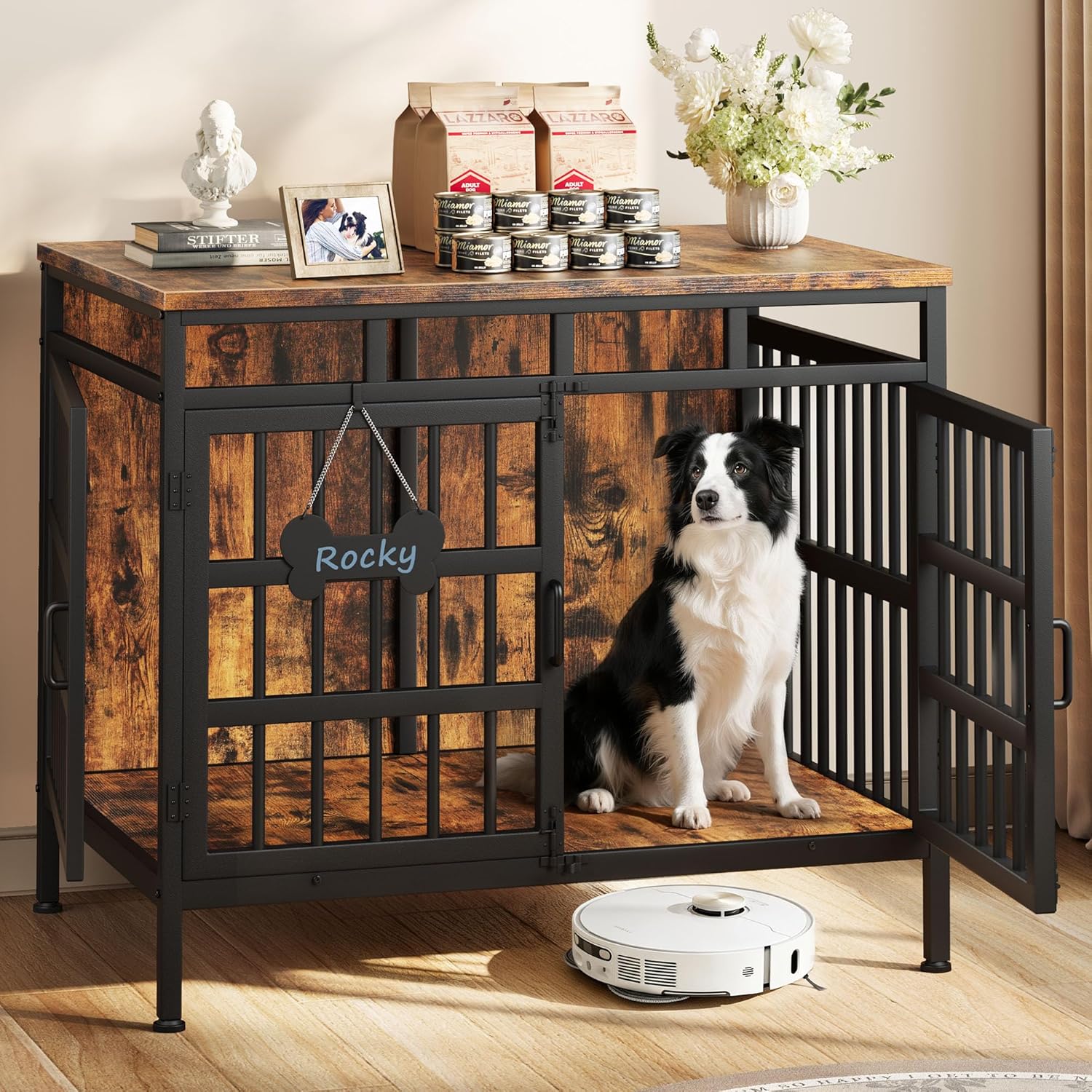 Large Dog Crate Furniture, Wooden Dog Kennel Furniture for Medium Large Dogs, Double-Doors Sturdy Metal Dog Cage for Anxiety Dog, Anti Escape Wooden Cage with Name Tag End Table, TV Stand Brown