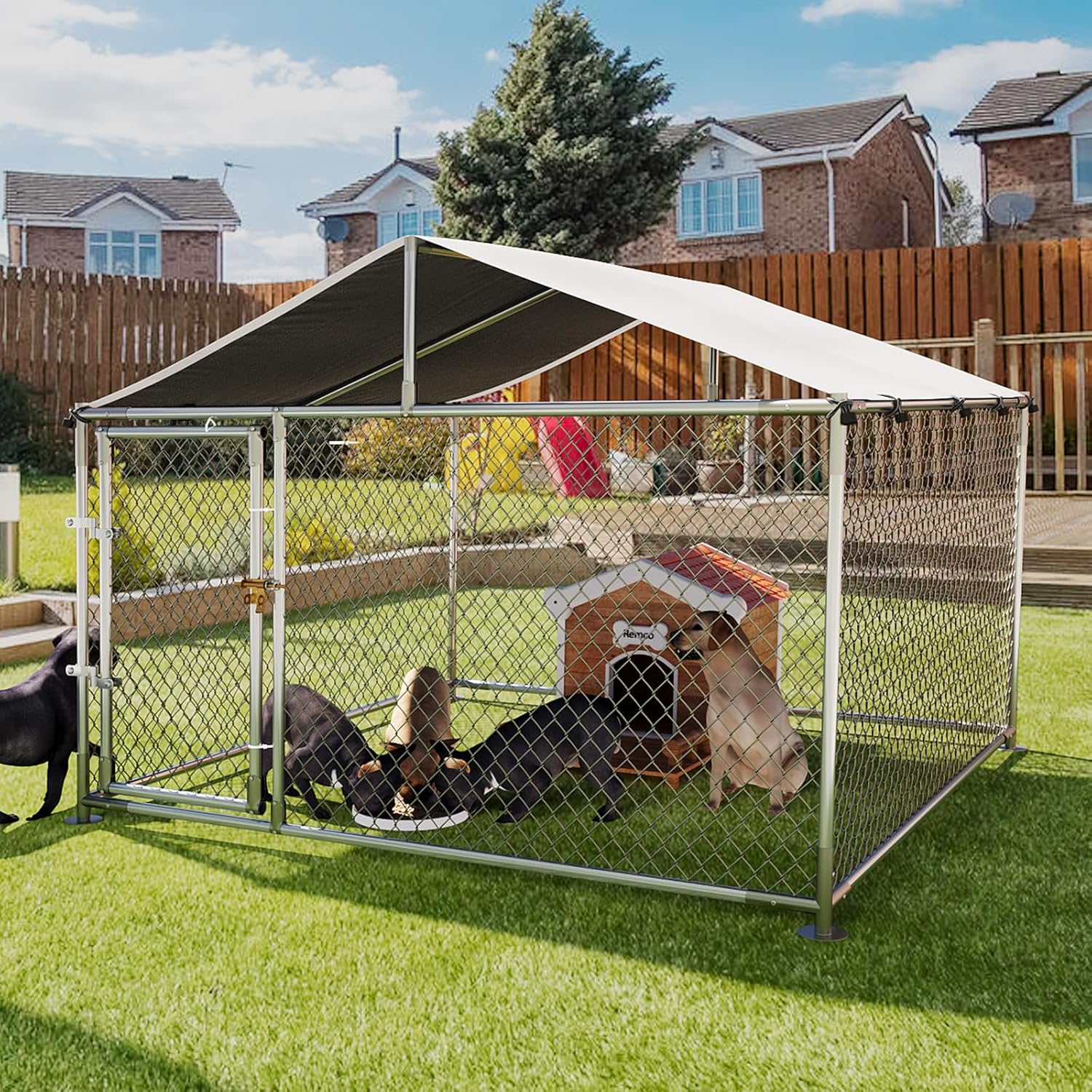 Large Dog Kennel Outdoor with Roof Heavy Duty Dog Enclosure Outside Pet Fence for Yard Dog Boarding Kennel Poultry House Cage Steel Fence with Ground Anchor Secure Lock Farm Training 7.5×7.5×5.5FT