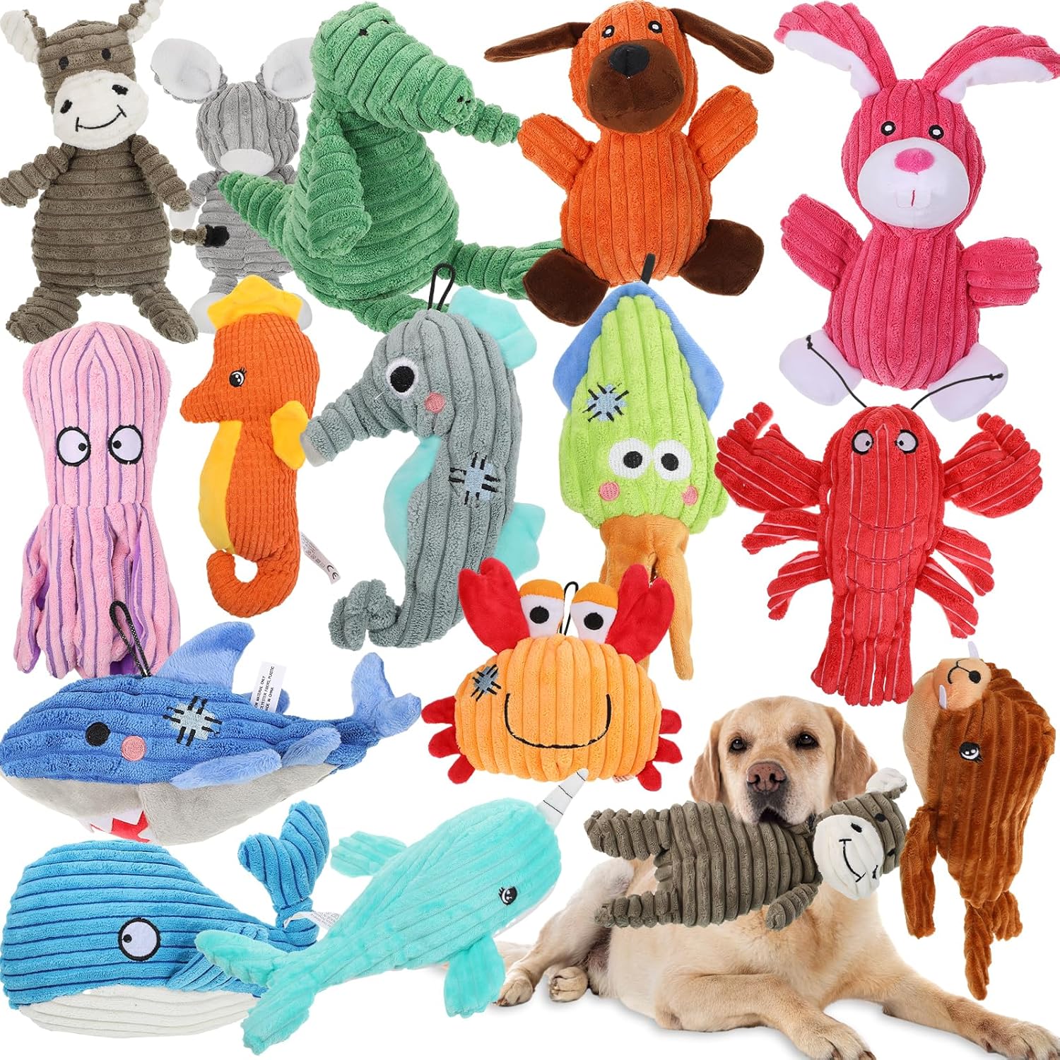 Lenwen 15 Pack Large Dog Toys Bulk Plush Squeaky Stuffed Animals Assortment Value Dog Toys Bundle for Puppy Small Medium Pets Daily Teething Chewing Gifts(Safari & Sea Animals)