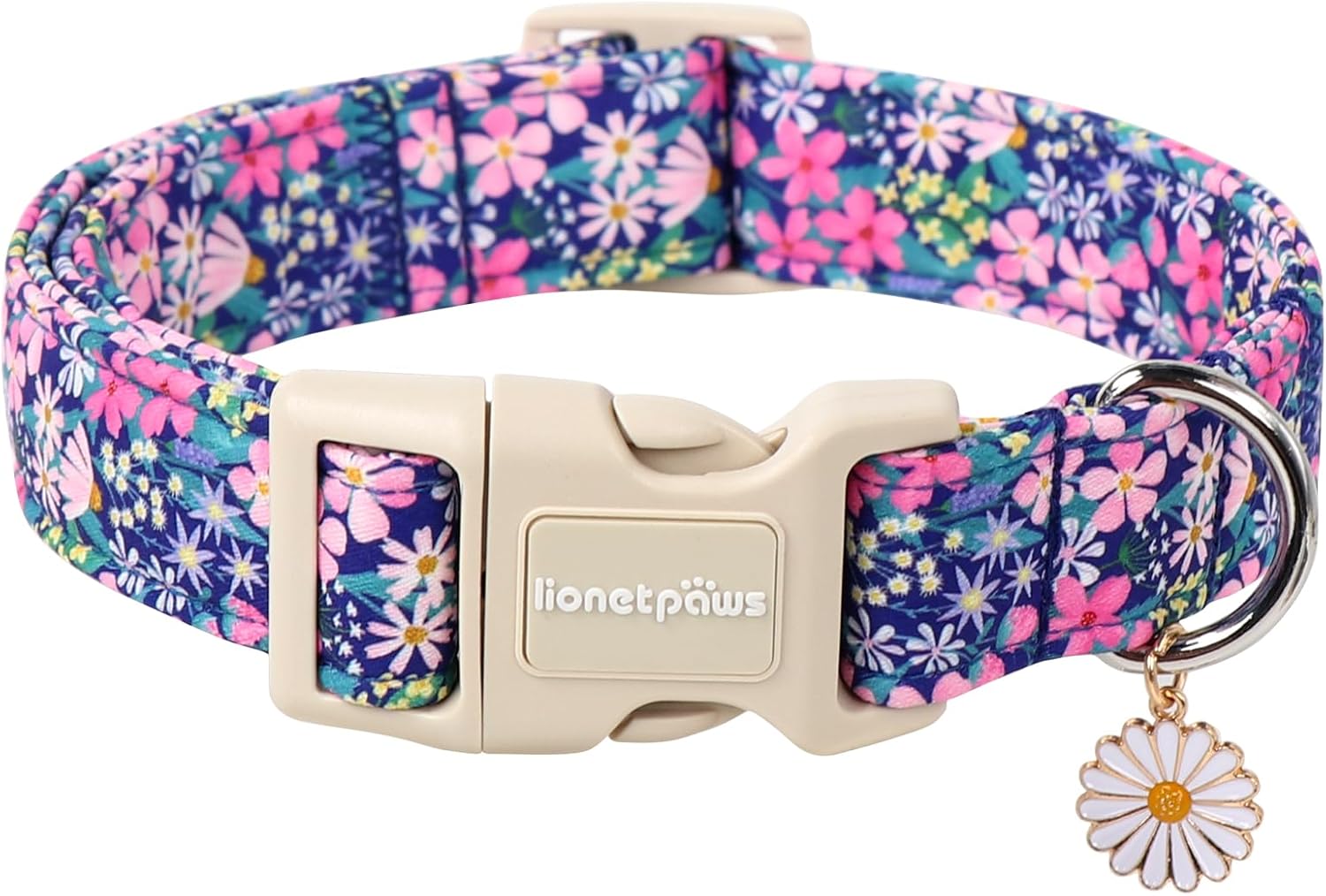 Lionet Paws Floral Dog Collar- Cute Spring Wildflowers Daisy Fleabane Dog Collars with Plastic Buckle, Light Adjustable Dog Collars for Small Medium Dogs