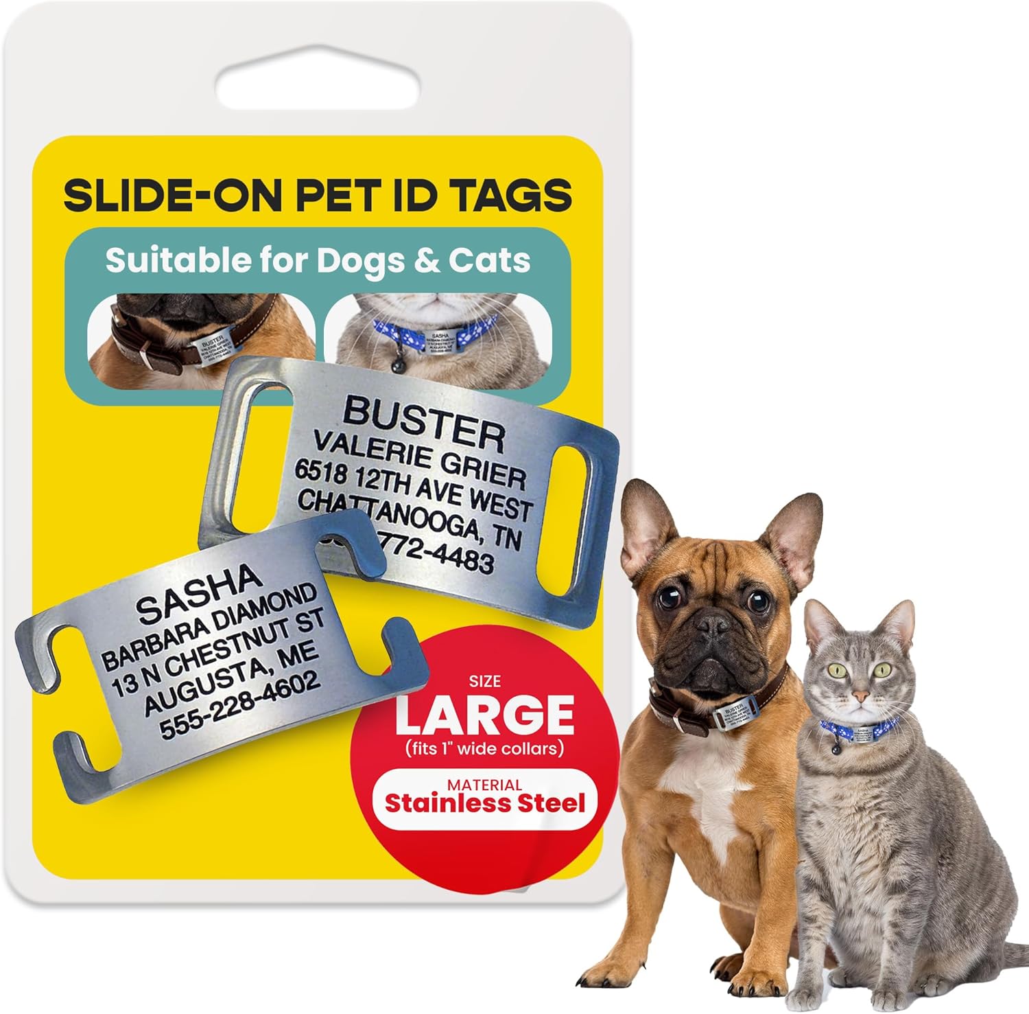 LuckyPet Slide-On Pet ID Tags – Dog Tags Personalized – Durable Engraved Stainless Steel Pet Name Tags – Noiseless Dog Tag – Suitable for Dogs and Cats – Fits 1 inch Collars – Large, Open Ends