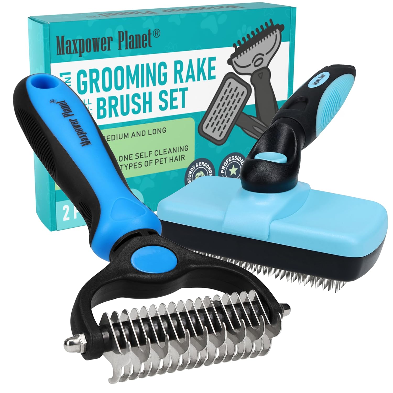 Maxpower Planet Dog Rake and Dog Hair Brush – Gently Removes Loose Undercoat, Mats and Tangled – Deshedding Grooming Tool for Dogs & Cats – Self Cleaning Slicker Brush – All Hair Types