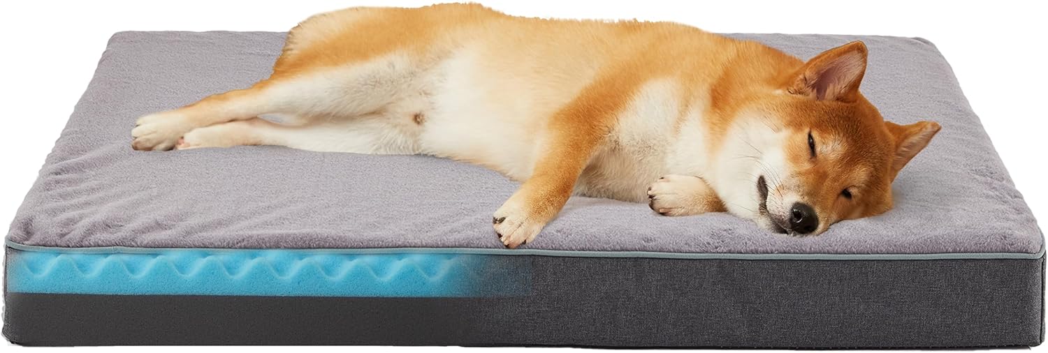 Memory Foam Large Dog Bed, Cooling Dog Beds for Large Dogs, Washable Orthopedic Pet Bed for Crate with Joint Relief Memory Foam, Waterproof Liner and Plush Cover (35’’x 22’’)