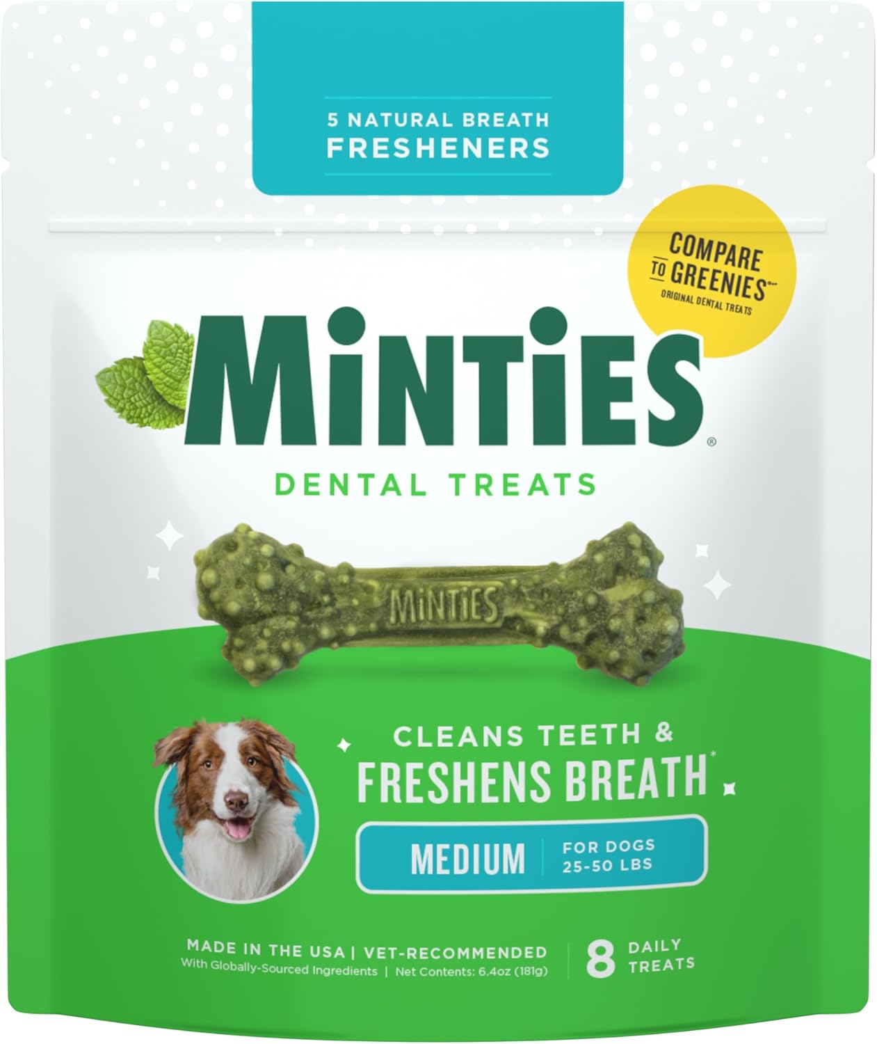 Minties Dental Chews for Dogs, 8 Count, Vet-Recommended Mint-Flavored Dental Dog Treats for Medium Sizes 25-50 lbs, Bones Clean Teeth, Fight Bad Breath, and Removes Plaque and Tartar