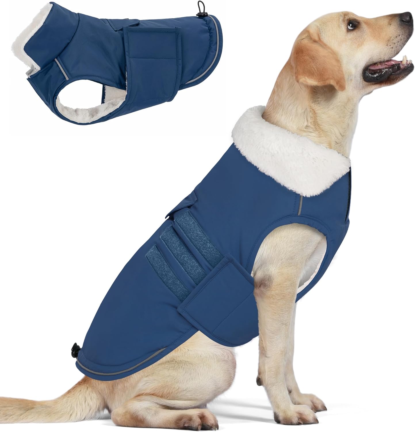 Mklhgty Extra Warm Dog Coat, Waterproof Dog Winter Jacket with Leash Portal, Fleece Reflective Pet Snow Vest for Small Medium Large Dogs – Blue – XL
