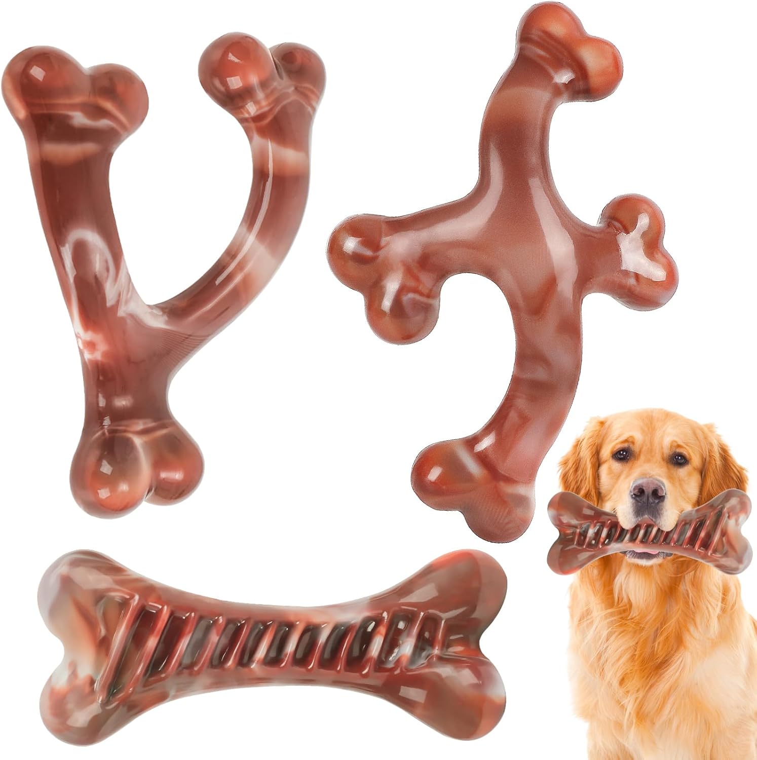NOUGAT Indestructible Dog Toys – 3 Pack Tough Nylon Bacon Flavor Chew Toys for Large, Medium & Small Breeds