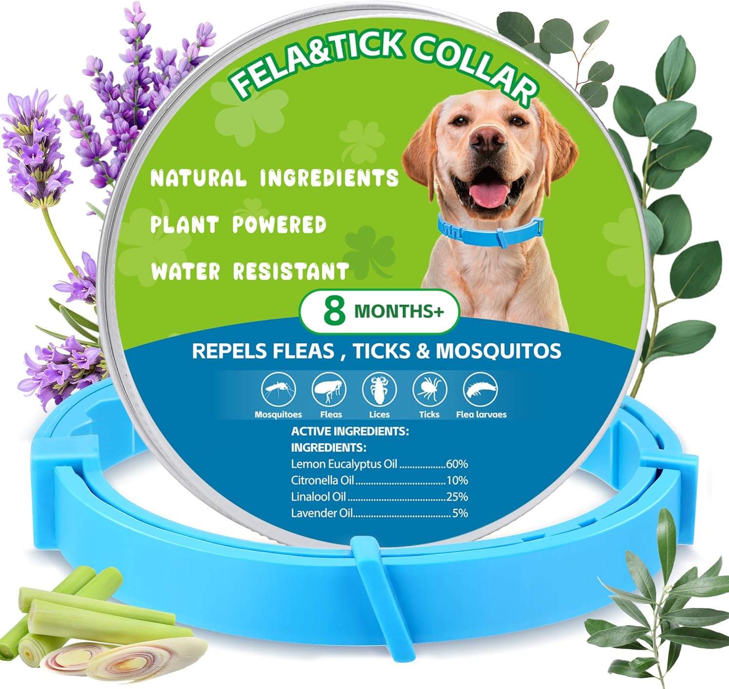 Natural Flea & Tick Prevention Dog Collars – 2-Pack Adjustable Waterproof Collars with Essential Oils (Lemon Eucalyptus, Citronella, Lavender, Linalool),Blue, Safe for All Breeds