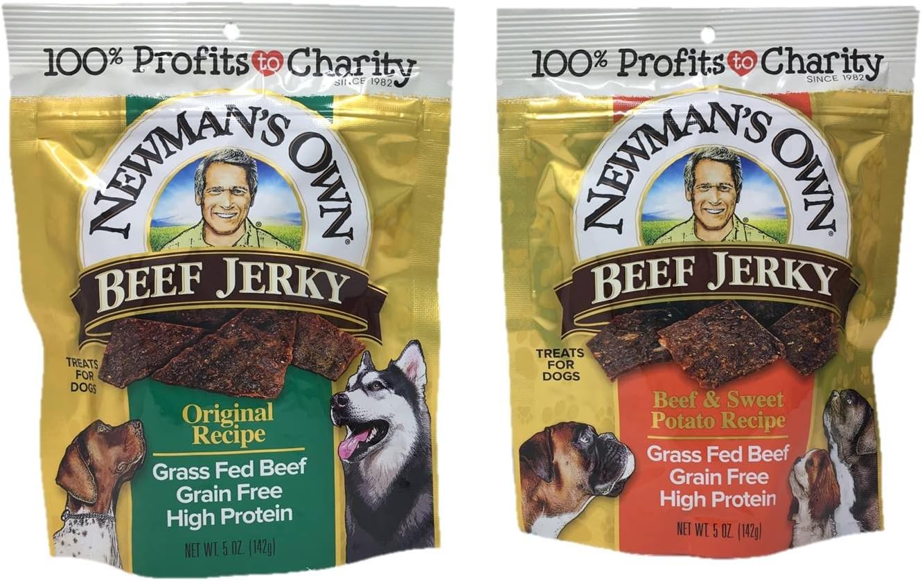 Newman’s Own Beef Jerky 2 Set Treats for Dogs, Bundle of 2 Flavors, Original Recipe and Beef & Sweet Potato Recipe, 5oz Each