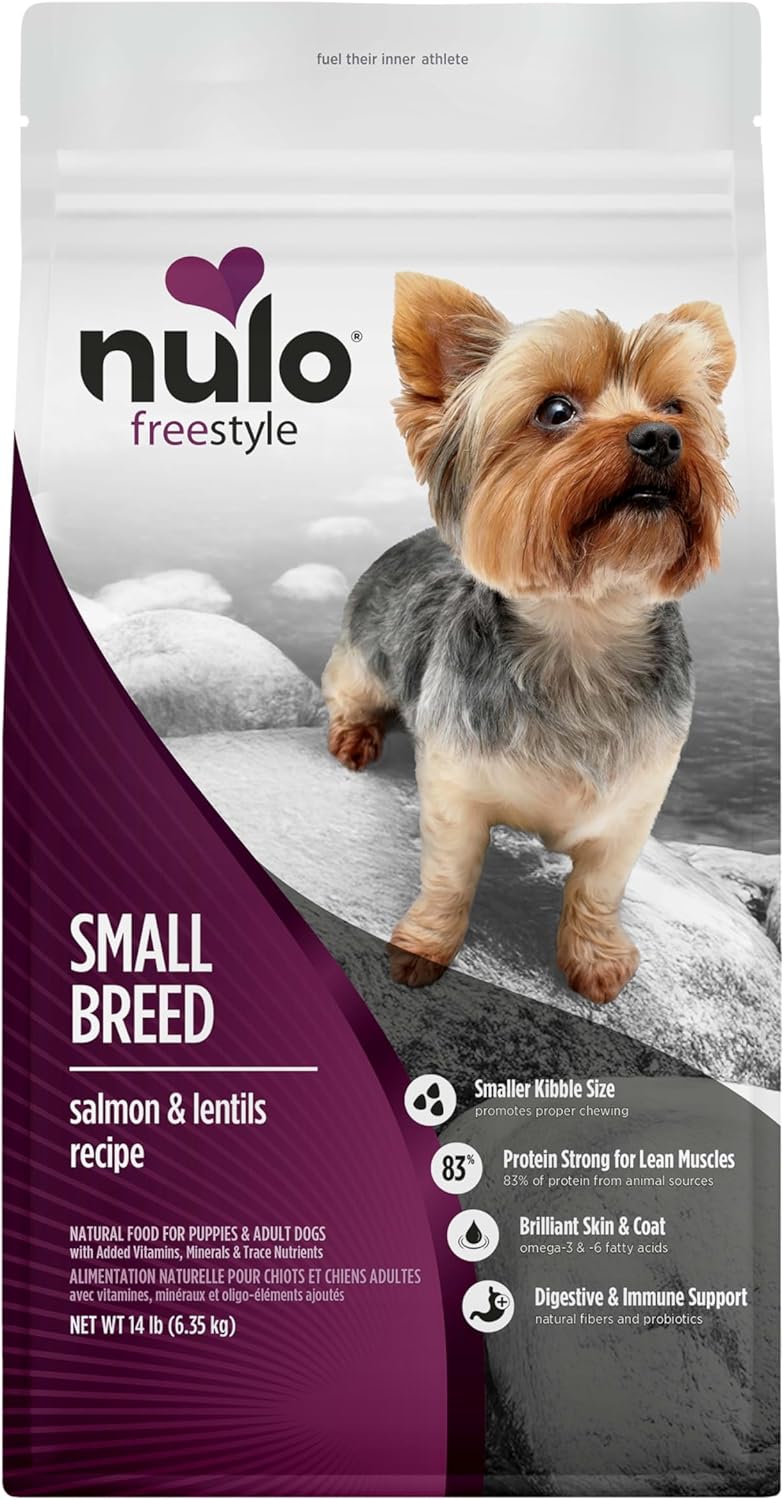Nulo FreeStyle Small Breed Dog Food Dry – Salmon & Lentils, Puppy & Adult Grain Free Dog Food, Natural, High Protein, Smaller Sized Kibble with BC30 Probiotic for Healthy Digestion Support, 14lb
