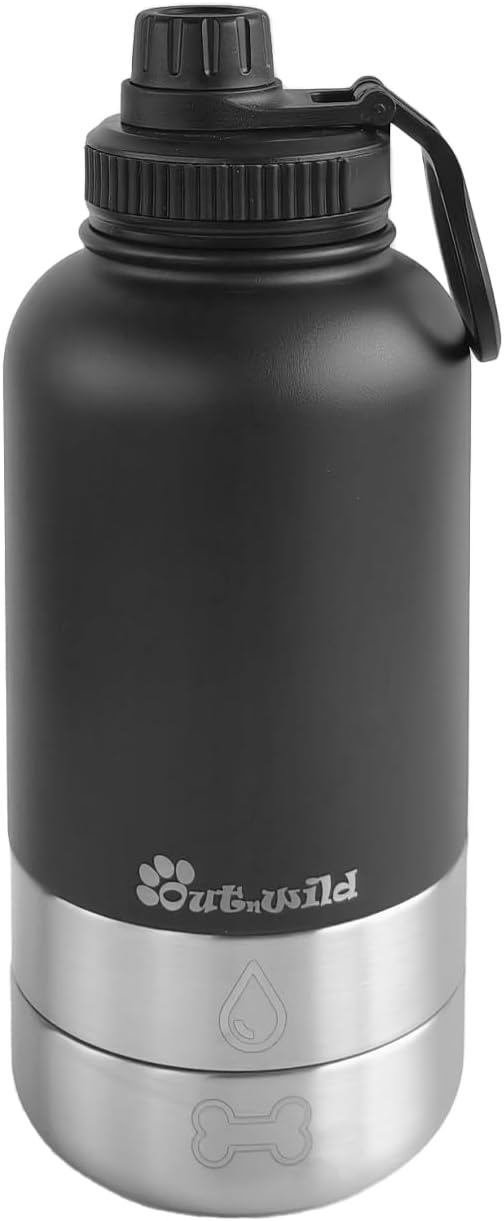 OUT ‘N WILD Portable Dog Insulated Water Bottle & Bowls – All-in-One Travel Accessories Pet Food & Liquids for Car, Hiking, Camping – Leak-Proof, Double Walled – 32 oz, 2 Dog Bowls, Black