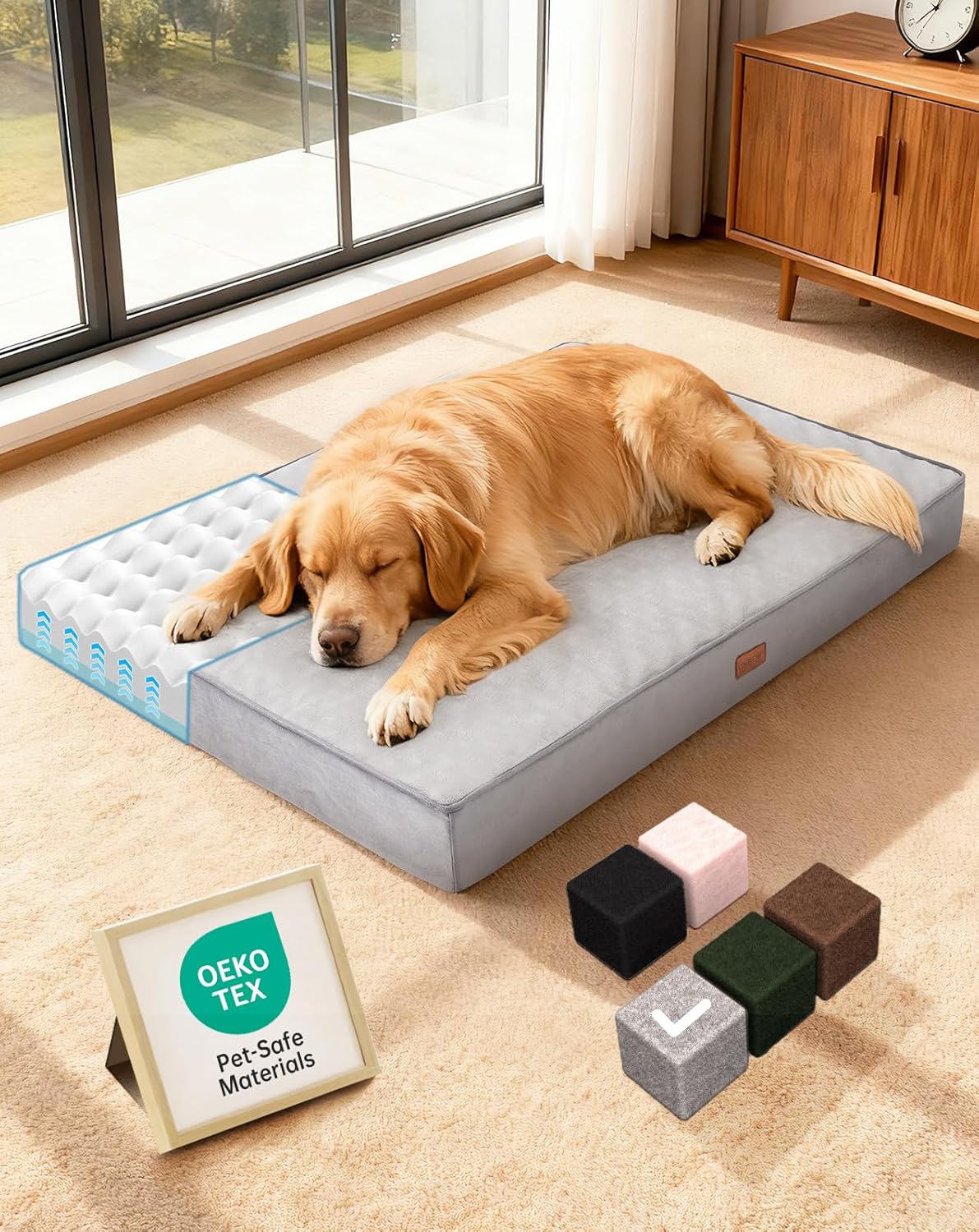 OhGeni Memory Foam Orthopedic Waterproof Dog Bed for Large Dogs, Machine-Washable Removable Cover in Easy-Clean Fabric, High Density Foam & Easy-Carry Handle, Suitable for Crate, 41 inch (Gray)