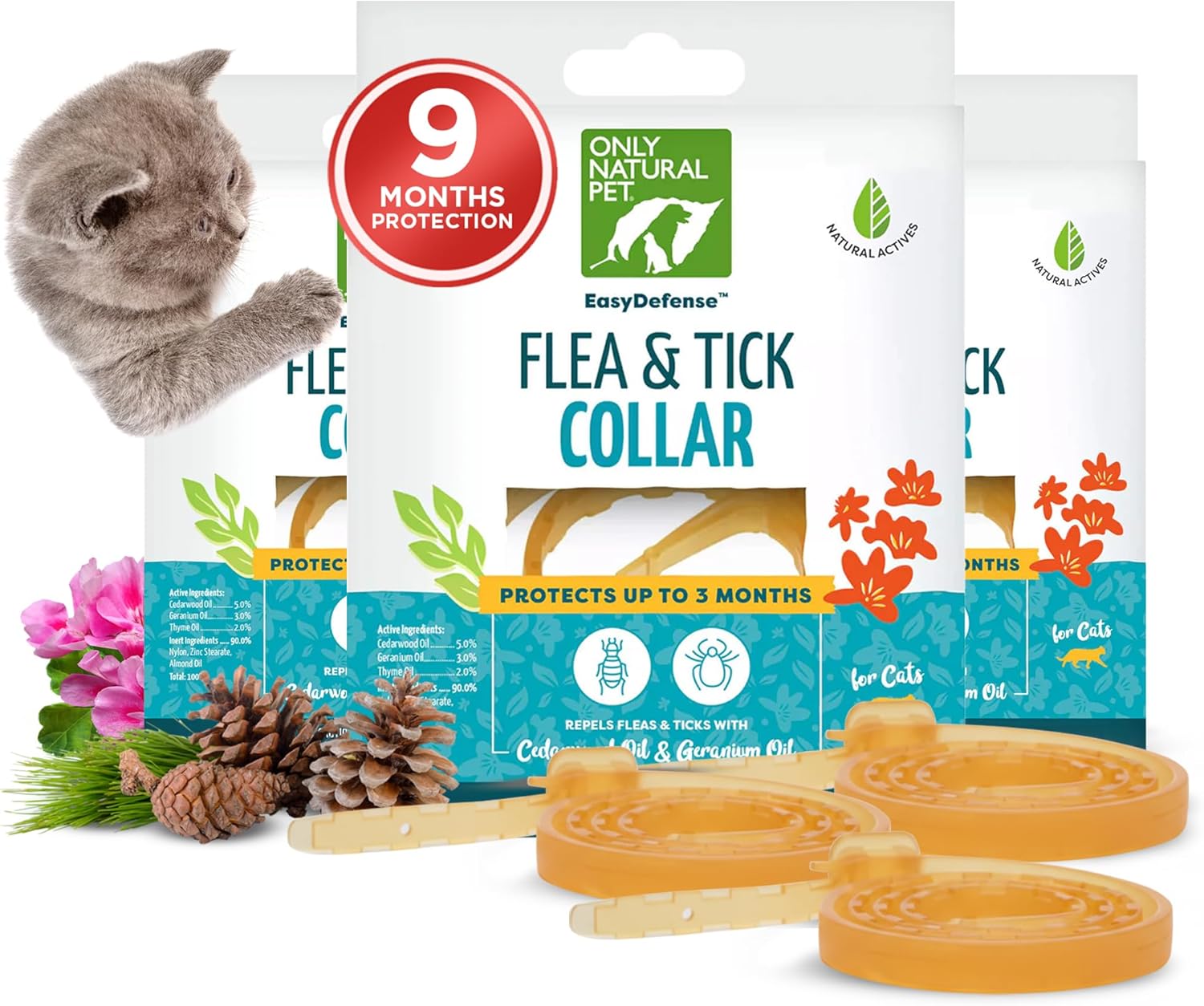 Only Natural Pet EasyDefense Non-Toxic Flea & Tick Cat Collar. Single Collar Protects for 3 Months(Pack of 3)