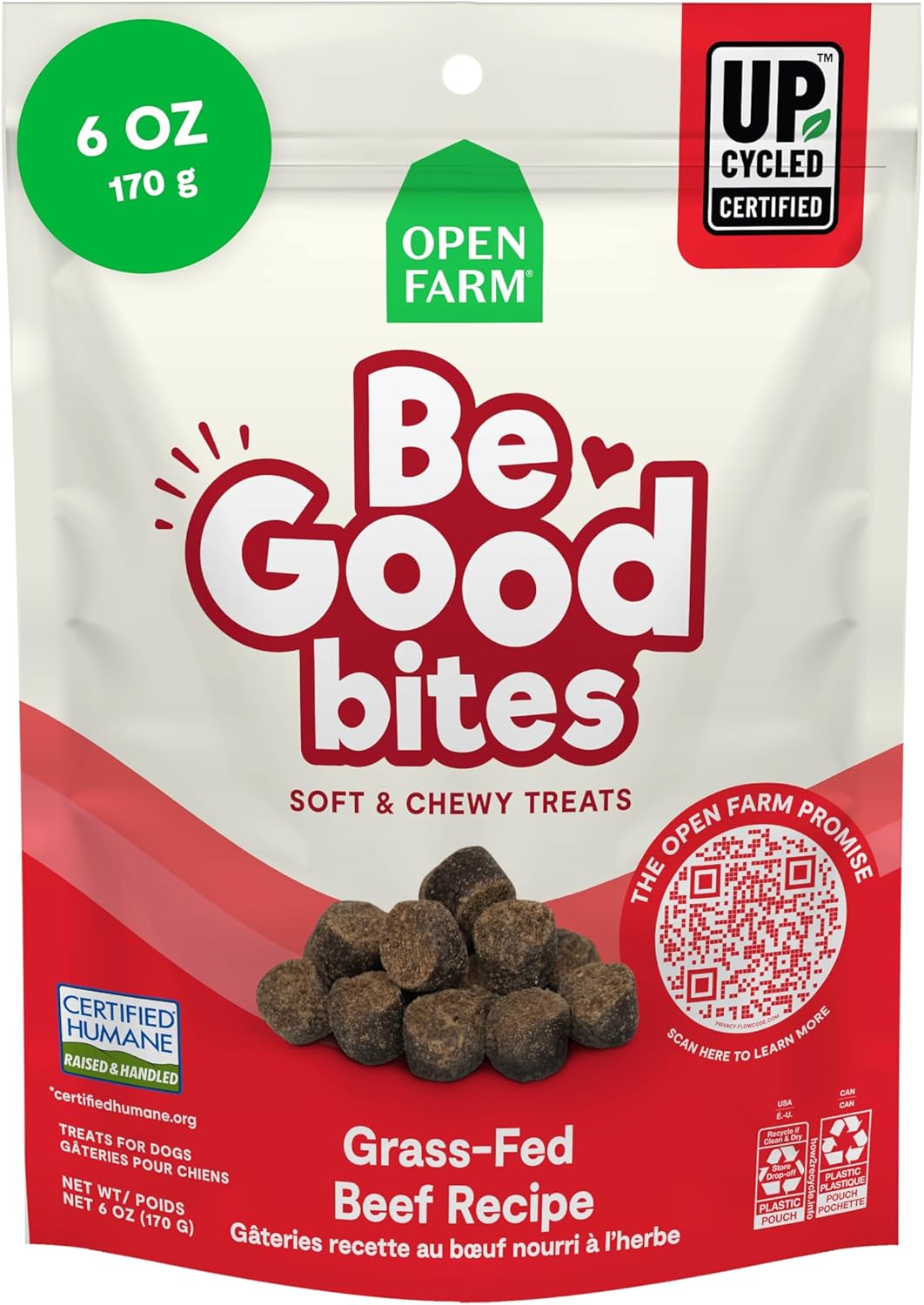 Open Farm, Be Good Bites, Soft Dog Training Treats, Small & Chewy, Made with Ethically & Sustainably Sourced Ingredients, Non-GMO Fruits & Grains, Grass-Fed Beef Recipe, 6oz Pouch
