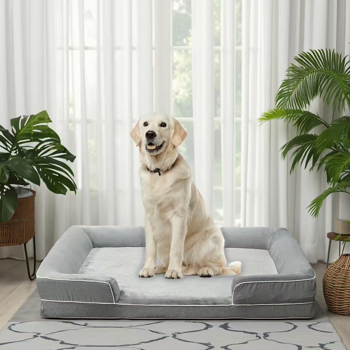 Orthopedic Dog Bed Set for Large Dogs,Memory Foam Bed 42x30inch,Washable Removable Cover with Dog Bed Bolster Pillows & Egg Crate Support​,​Grey