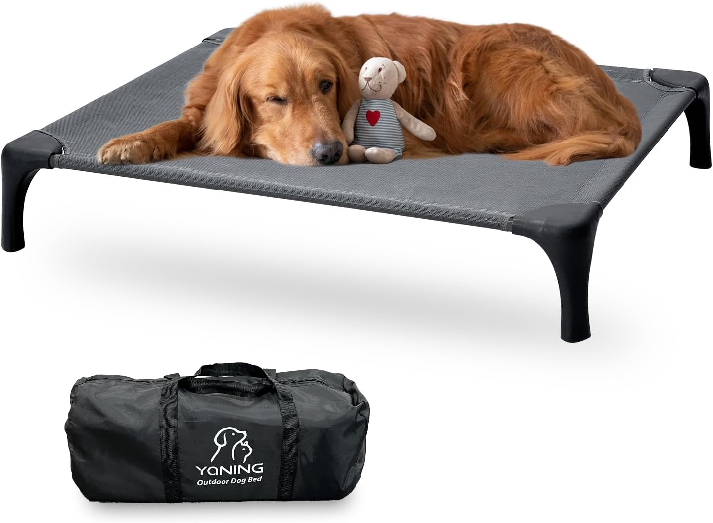 Outdoor Dog Bed with Portable Bag, Easy to Assemble Elevated Dog Bed for Large Medium Dogs, Raised Pet Cot with Pet-Friendly Feet, Breathable Mesh for Camping or Travel, Dark Grey