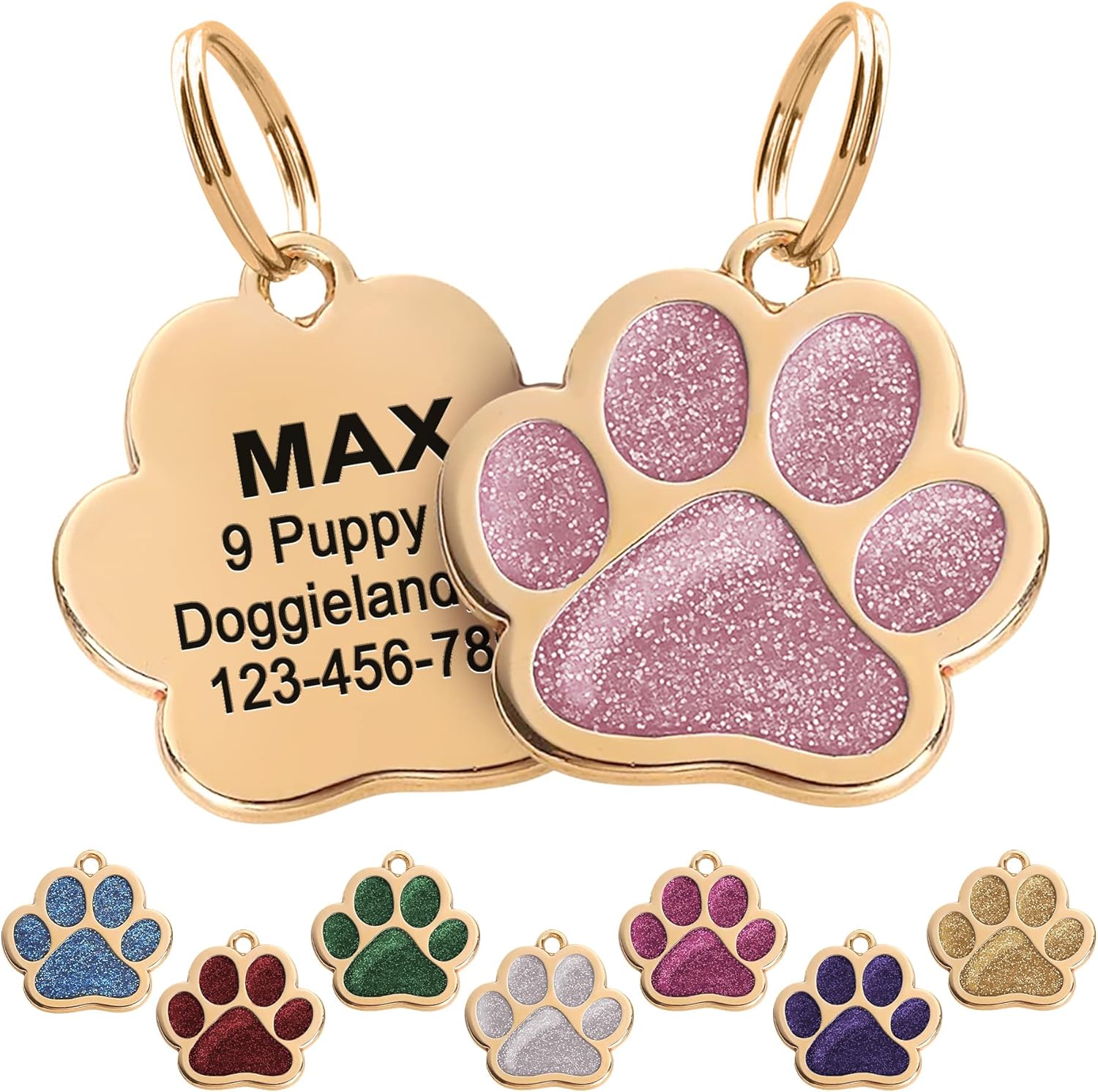 Paw Shape Dog ID Tag Stainless Steel Custom Laser Engraved, Cute Bling Glitter Pet Name Tags Personalized with Durable Engraving (Gold Sparkly Paw)