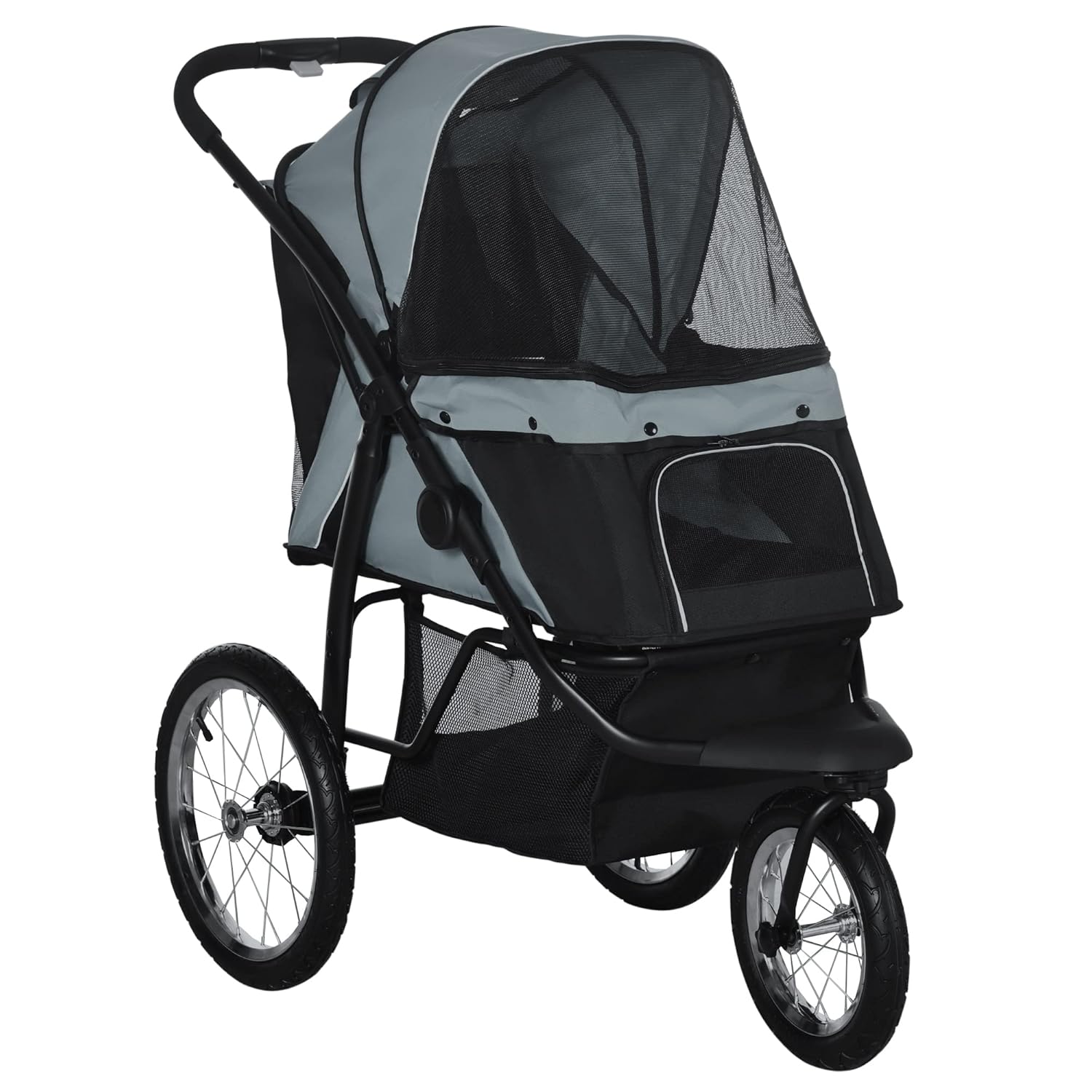 PawHut 3 Wheels Pet Stroller, Foldable Dog Stroller with Adjustable Canopy, Safety Tether, Cushion, Storage Basket, Portable Jogger for Small and Medium Dogs and Cats, Gray