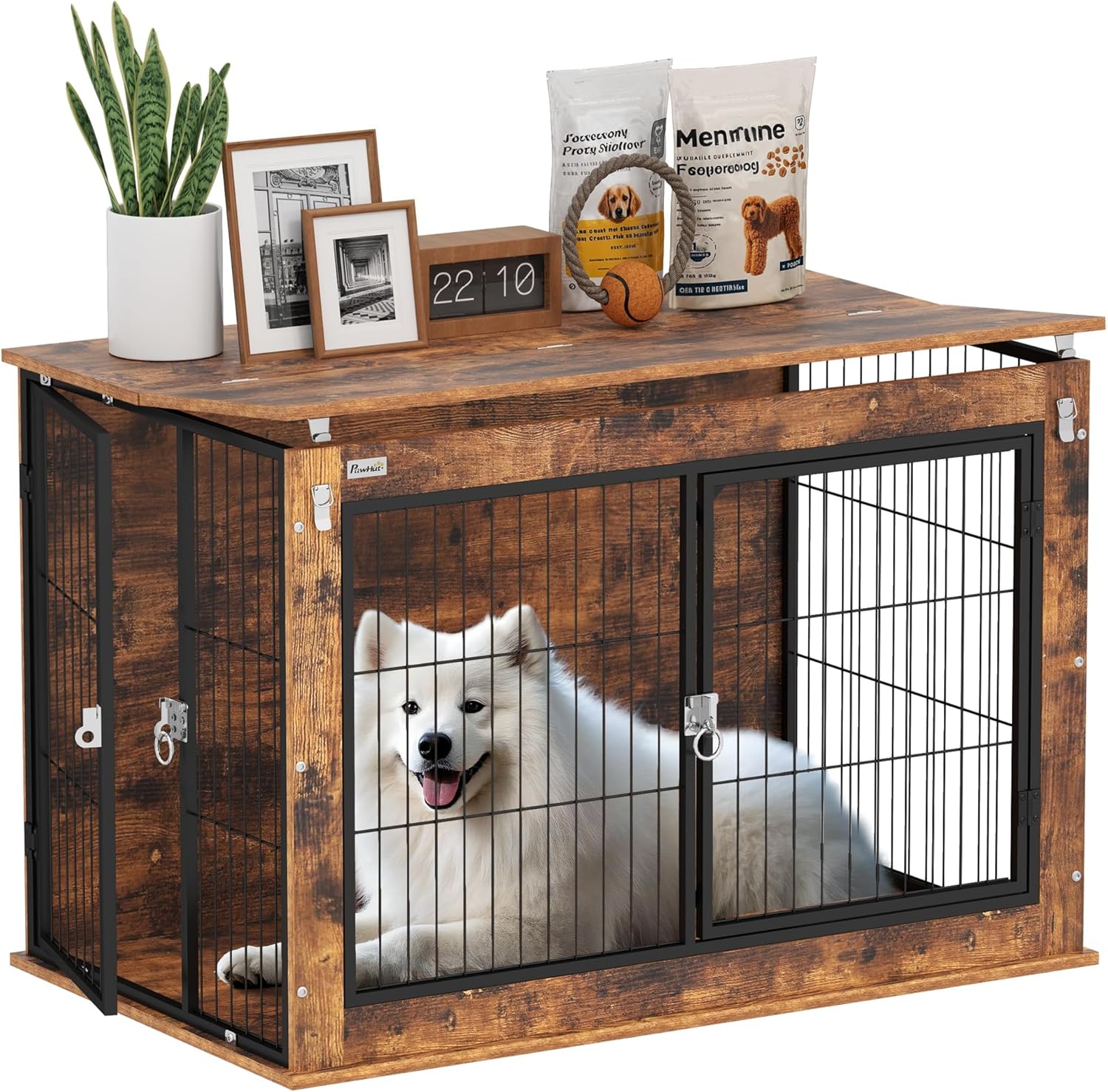 PawHut 39″ Dog Crate Furniture with Flip-up Top Opening, Decorative Dog Kennel Furniture Side Table with 2 Doors for Large Breeds, Rustic Brown