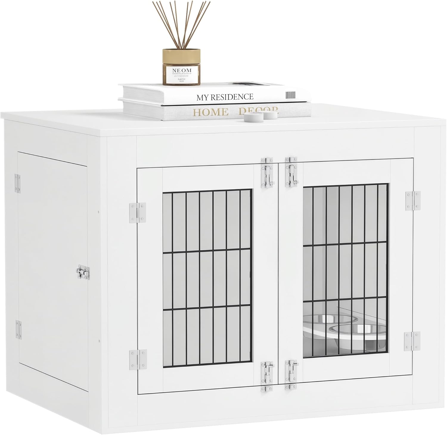 PawHut Dog Crate Furniture w/ 360° Rotatable Removable Dog Bowls, Dog Kennel Furniture w/Two Doors, Non-Slip Foot Pads, Furniture Dog Crate End Side Table for Medium Dogs, 31.5″ x 24″ x 25″, White