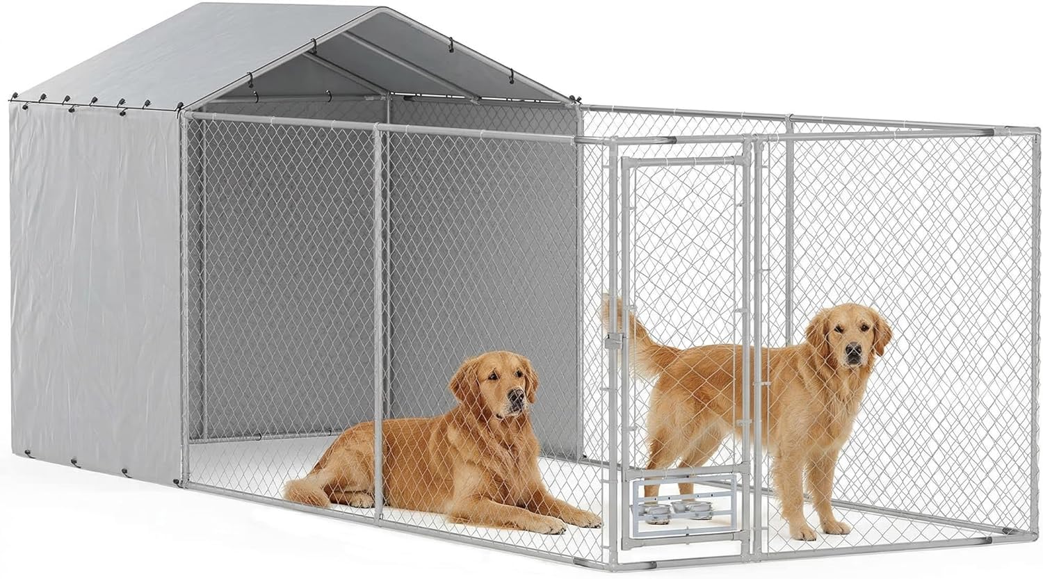PawHut Large Outdoor Dog Kennel, Heavy Duty Galvanized Chain Link Dog Kennel Outside with Waterproof & UV-Resistant Cover, Rotating Bowls Door, for M&L Breeds, Chickens, Ducks, 20′ x 7.5′ x 7.5′
