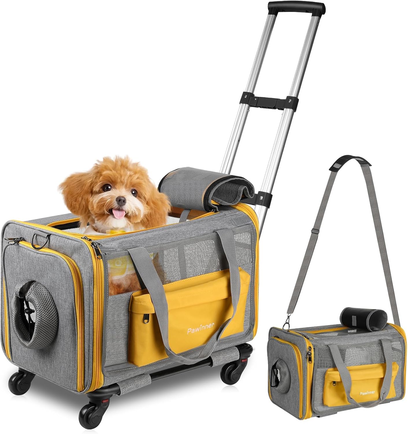 Pawinner Pet Carrier with Wheels, 17.7″ x 13″ x 13″ Airline Approved Cat Carrier for Pets up to 20lbs, Newly Designed Rolling Travel Bag with Telescopic Handle, for Small Dogs and All-Breed Cats