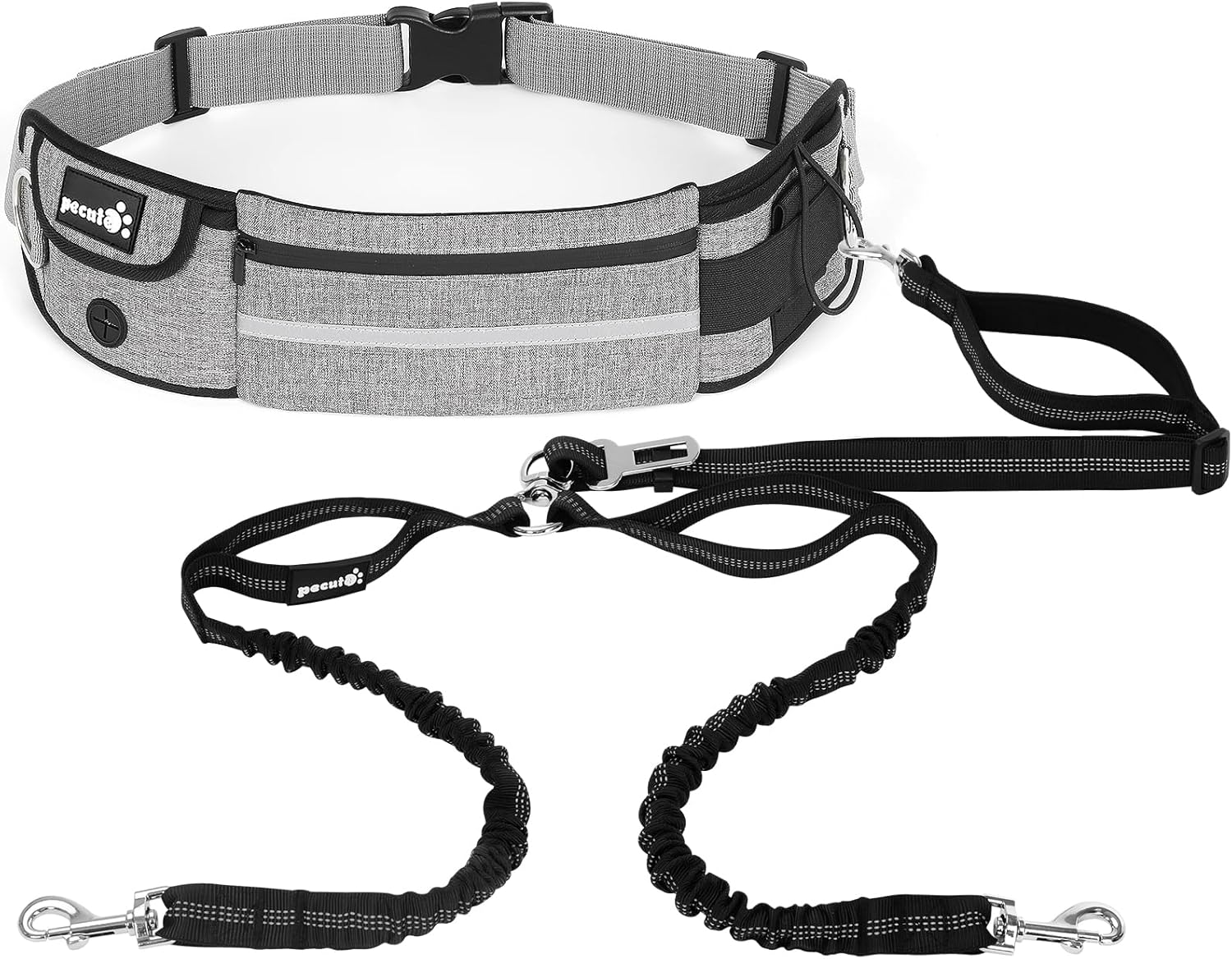 Pecute Dog Leash Hands Free 2 Dogs, Waist Belt Fanny Pack with Soft Padded, Dual Leash with Pouch, Two Handles, Durable Bungee, Dog Seat Belt, Running Walking Hiking Biking