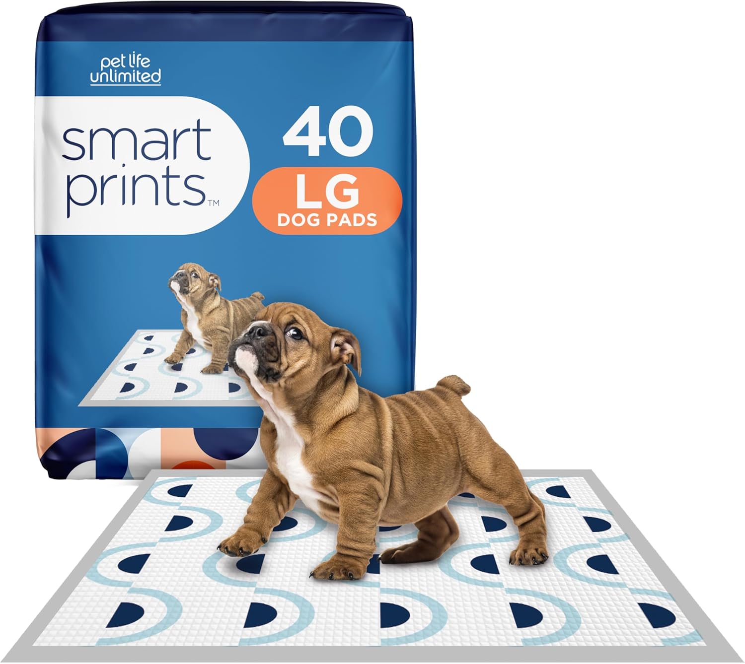 Pet Life Unlimited Smart Prints Large Puppy Pads – 22″ x 22″, 40 Count (L) | Stylish Dog Training Pads with Odor Controlling Wetness-Activated Sweet Bluegrass Scent | USA Made