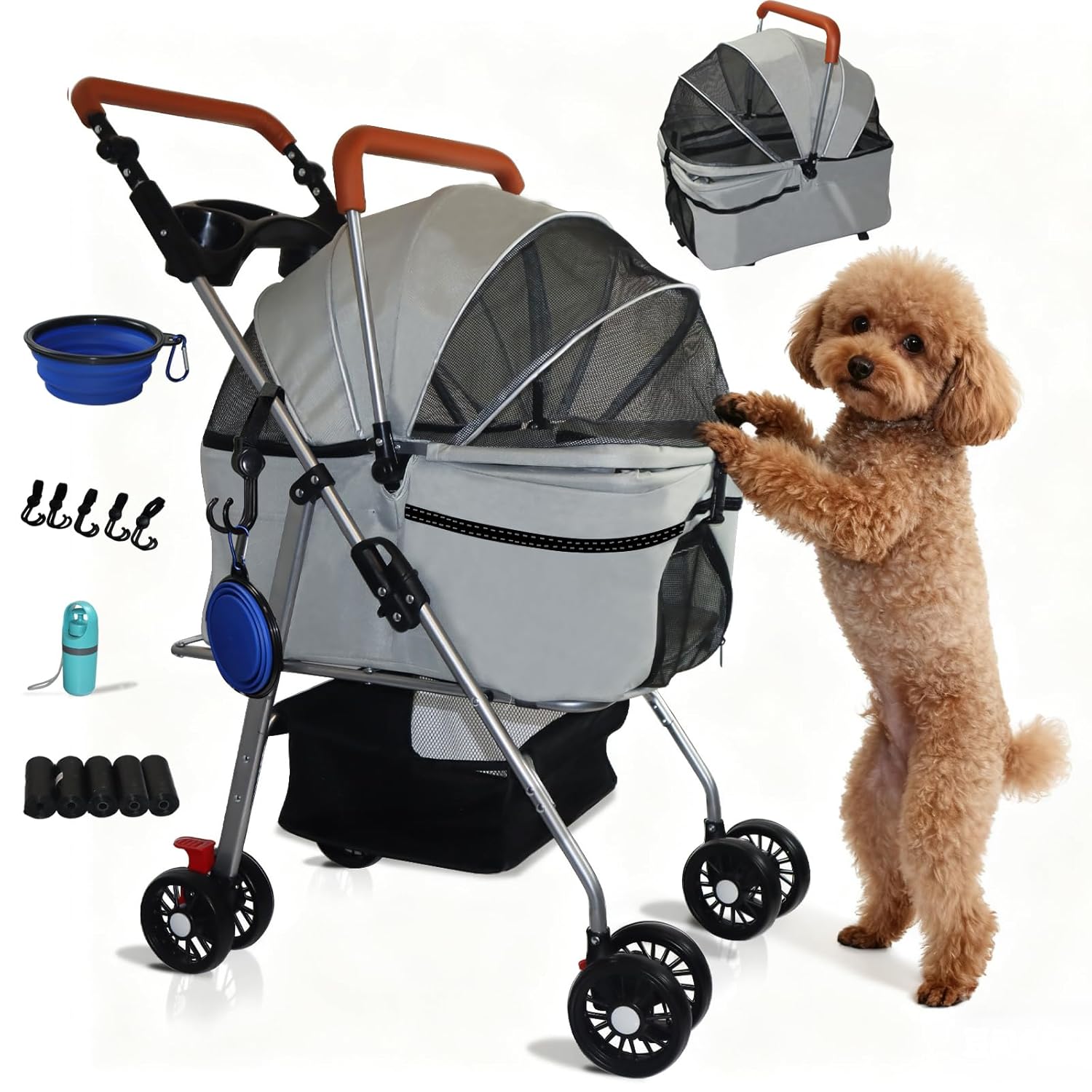 Pet Stroller 5 in 1 Foldable Pet Travel Carrier Absorption System, Dog Stroller for Medium Dogs 20 lbs Detachable Carrier Suitable for Car Seat & Hand Carry Dog Strollers for Small Dogs(Grey)