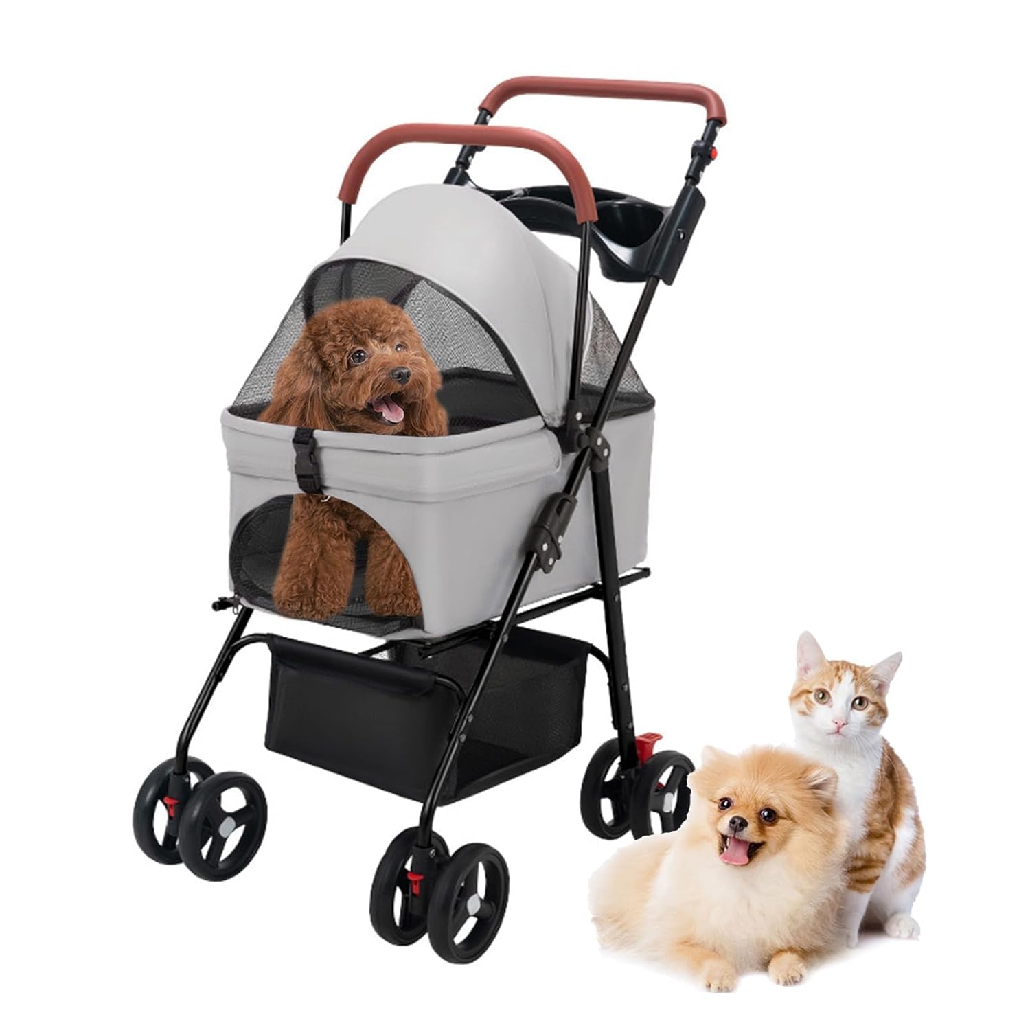 Pet Stroller for Medium Small Dogs/Cats – 4 Wheels Foldable Dog Stroller with Storage Basket,Dog/Cat Carrier,Adjustable Handle,Folding Puppy Carrier Suitable for Traveling with Cats and Dogs (Grey)