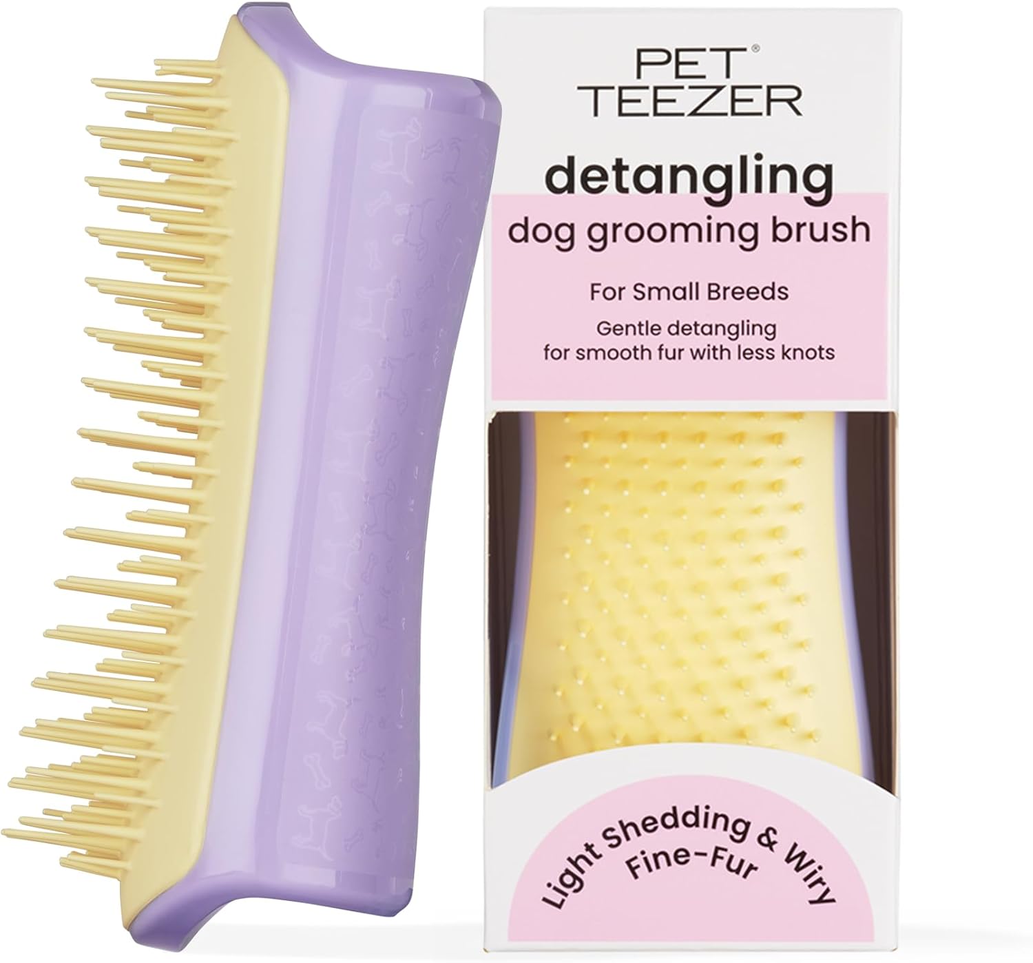 Pet Teezer Detangling Dog Grooming Brush, Dry Brush & Dog Bath Brush for Wet or Dry Fur & Light Shedding Breeds, Small, Lilac/Yellow