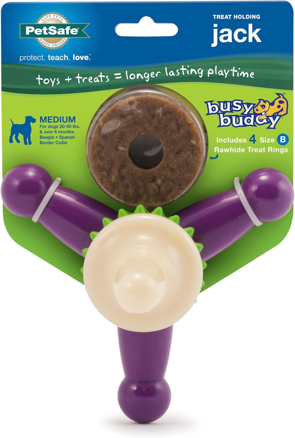 PetSafe Busy Buddy Jack – Keeps Dog Busy – Includes Treats Refill – Treat Holding Dog Toy – Helps Clean Teeth – Durable Rubber – Strong Chewers – Dishwasher Safe – Medium – Purple