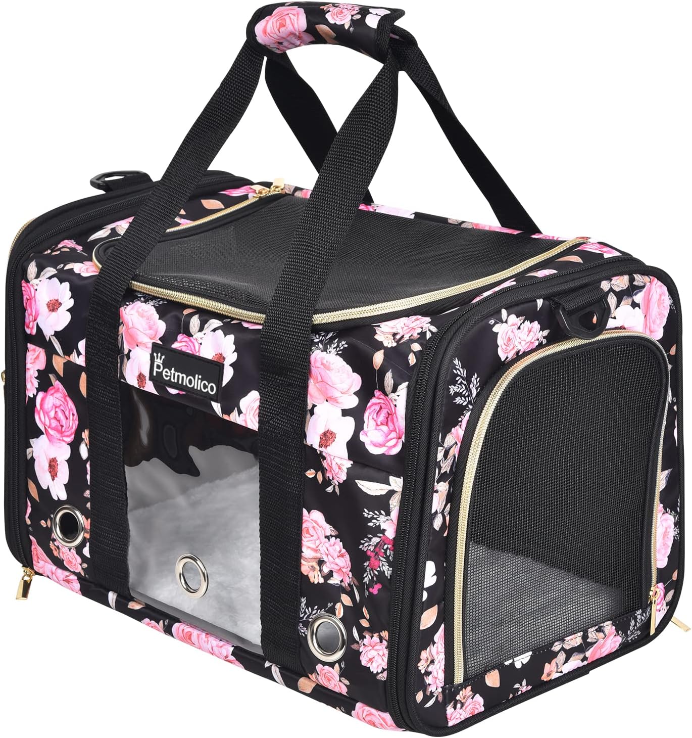 Petmolico Cat Carrier Soft-Sided Pet Bag for Small Medium Cats Puppies 16LBs – Airline Approved Pet Travel Carrier 3 Open Doors (Medium,Pink Peony)