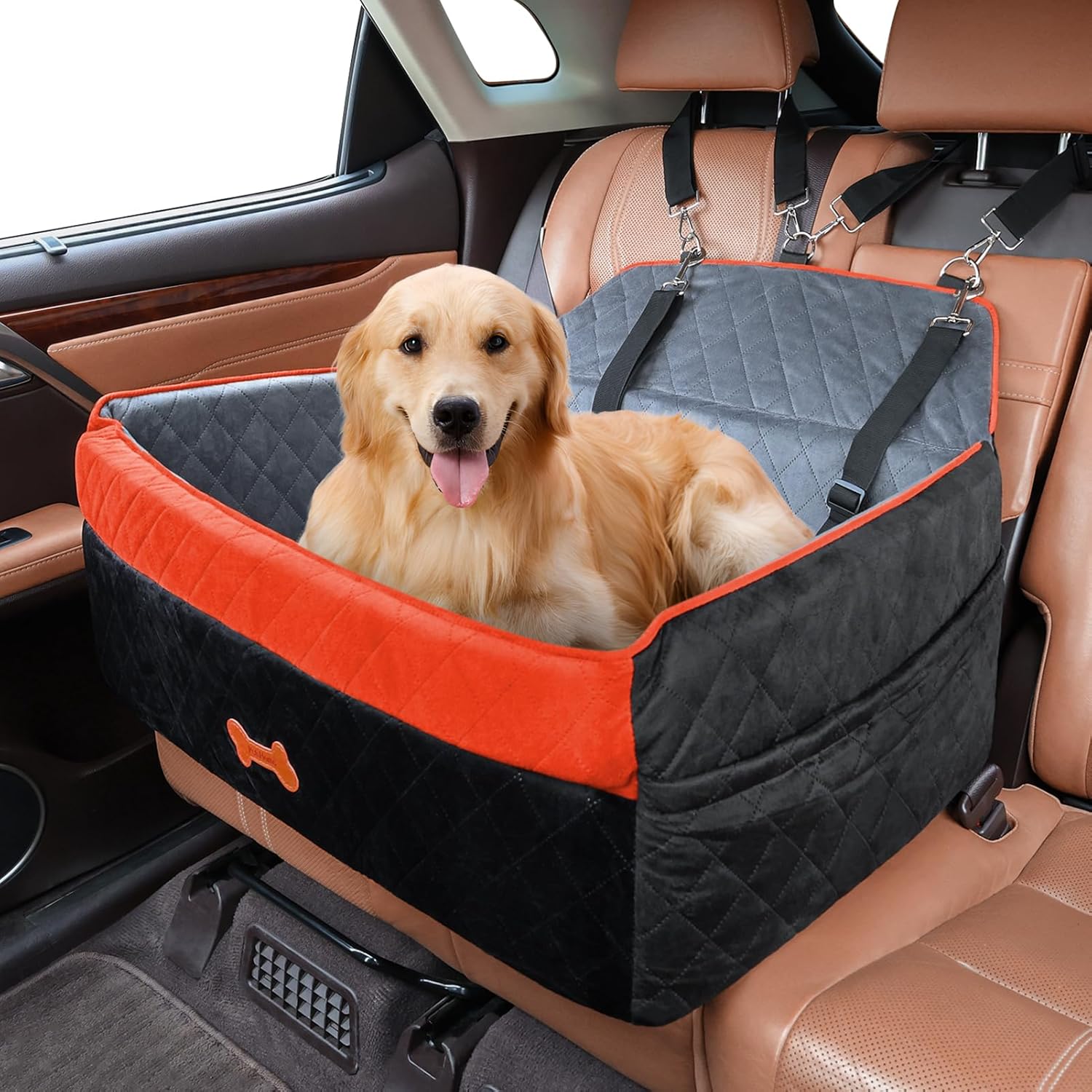 PetsHome Dog Car Seat for Medium Large Dogs, Detachable Washable Pet Booster Seat with Memory Foam Cushion, Side Pockets, 2 Clip-On Safety Leashes Pet Car Seat for Dog Up to 60 lbs/2 Small Dogs-Black