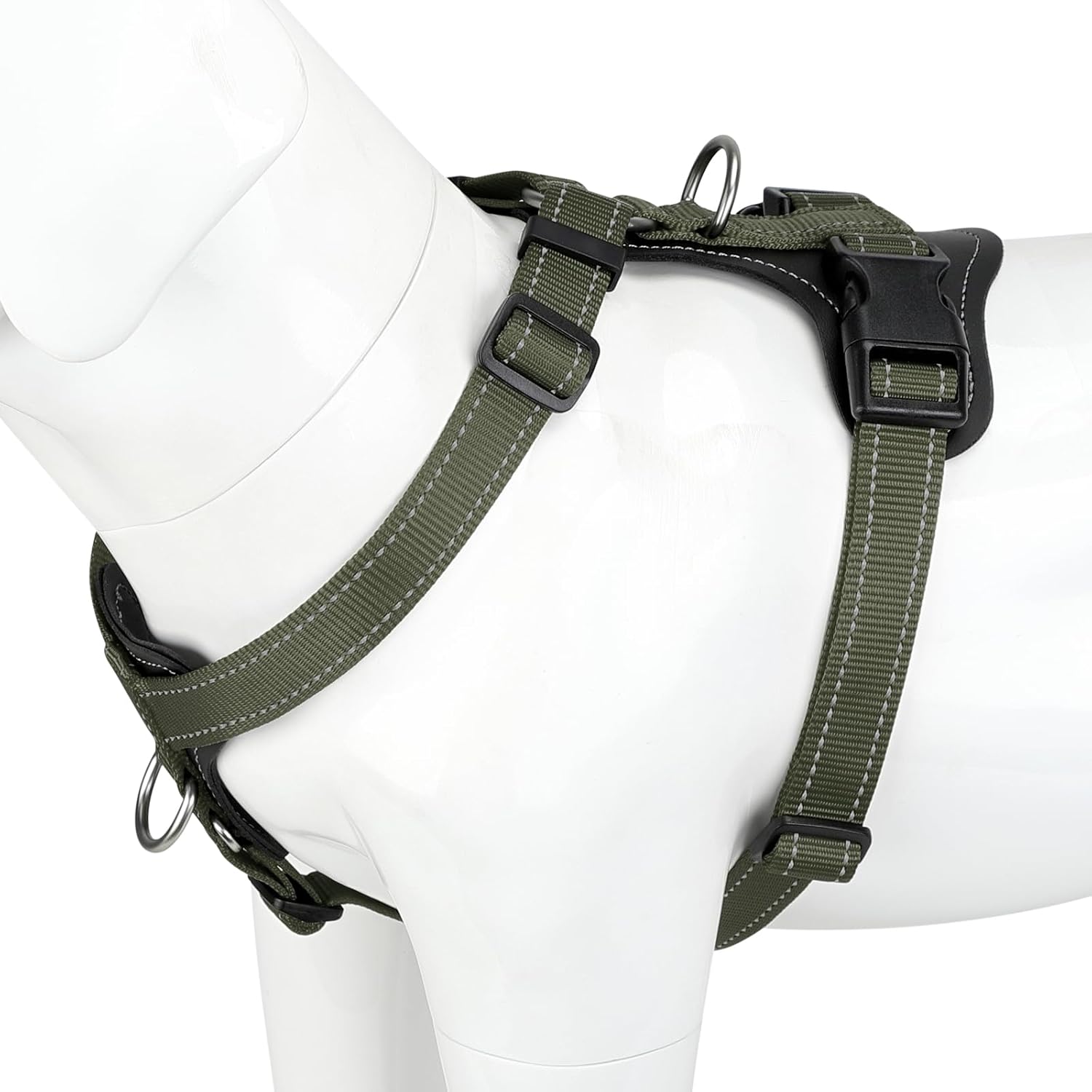 Plutus Pet Adjustable No Pull Dog Harness with Leather Accents, Heavy Duty Reflective Nylon Vest for Training, Hiking, Easy Walk Harness for Small, Medium, Large Dogs (Ranger Green, L)