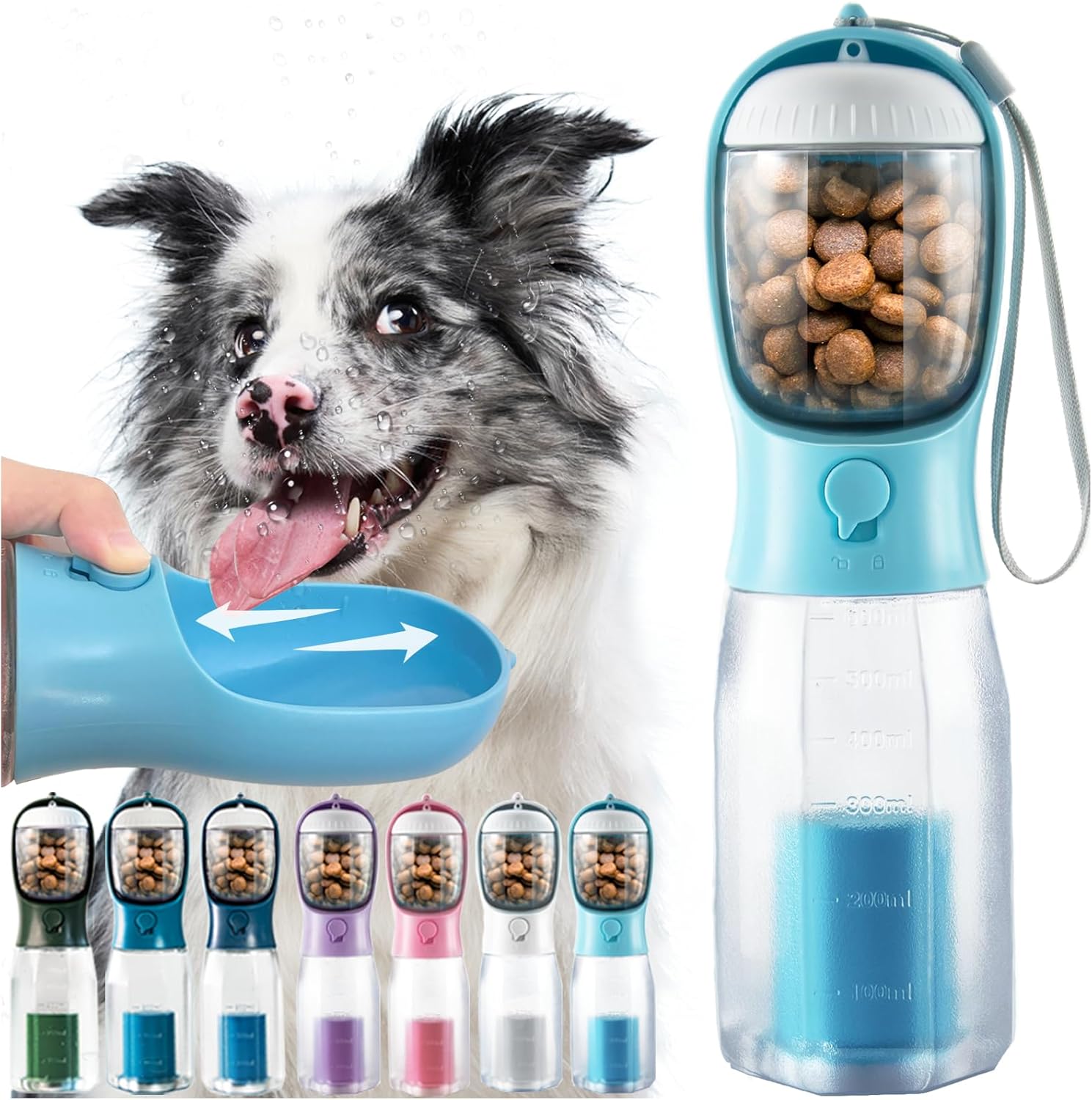 Portable Water Bottle for Dogs, 3 in 1 Pet Travel Bowl Dispenser with Food Treat Container & Poop Bag Holder, Summer Outdoor Walking Hiking Accessories for Large Dog On The Go – Blue, 20oz
