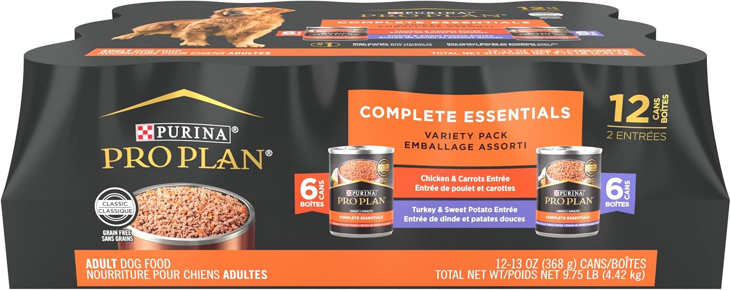 Purina Pro Plan Wet Dog Food Grain Free Complete Essentials Variety Pack, Chicken and Carrots and Turkey and Sweet Potato Entrees – (Pack of 12) 13 oz. Cans