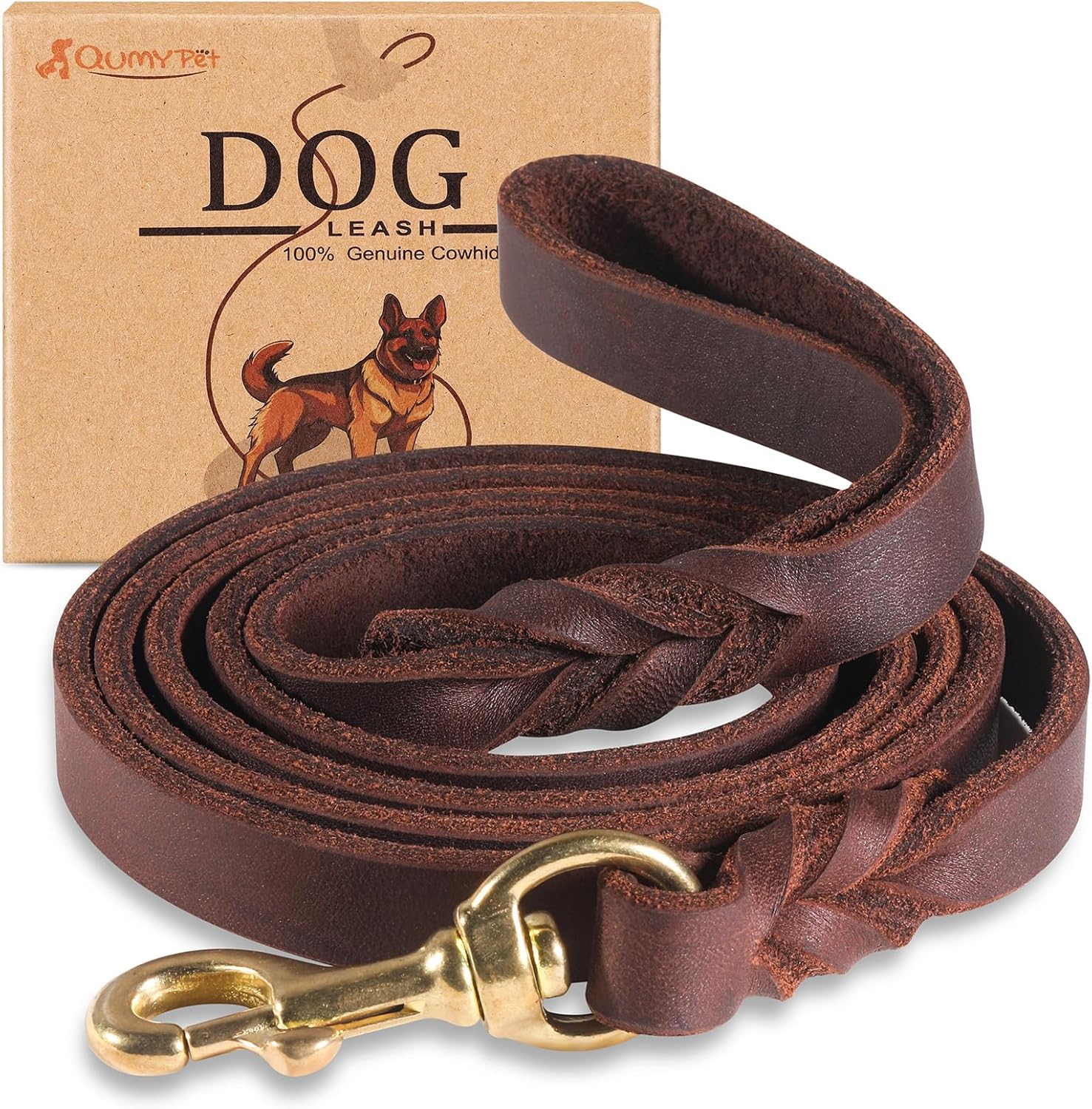 QUMY Leather Dog Leash 6ft, Heavy Duty Dog Training Leash for Large and Medium Dogs, Soft and Strong Genuine Leather Braided Handmade Long Lead Leash for Dog Training, Brown