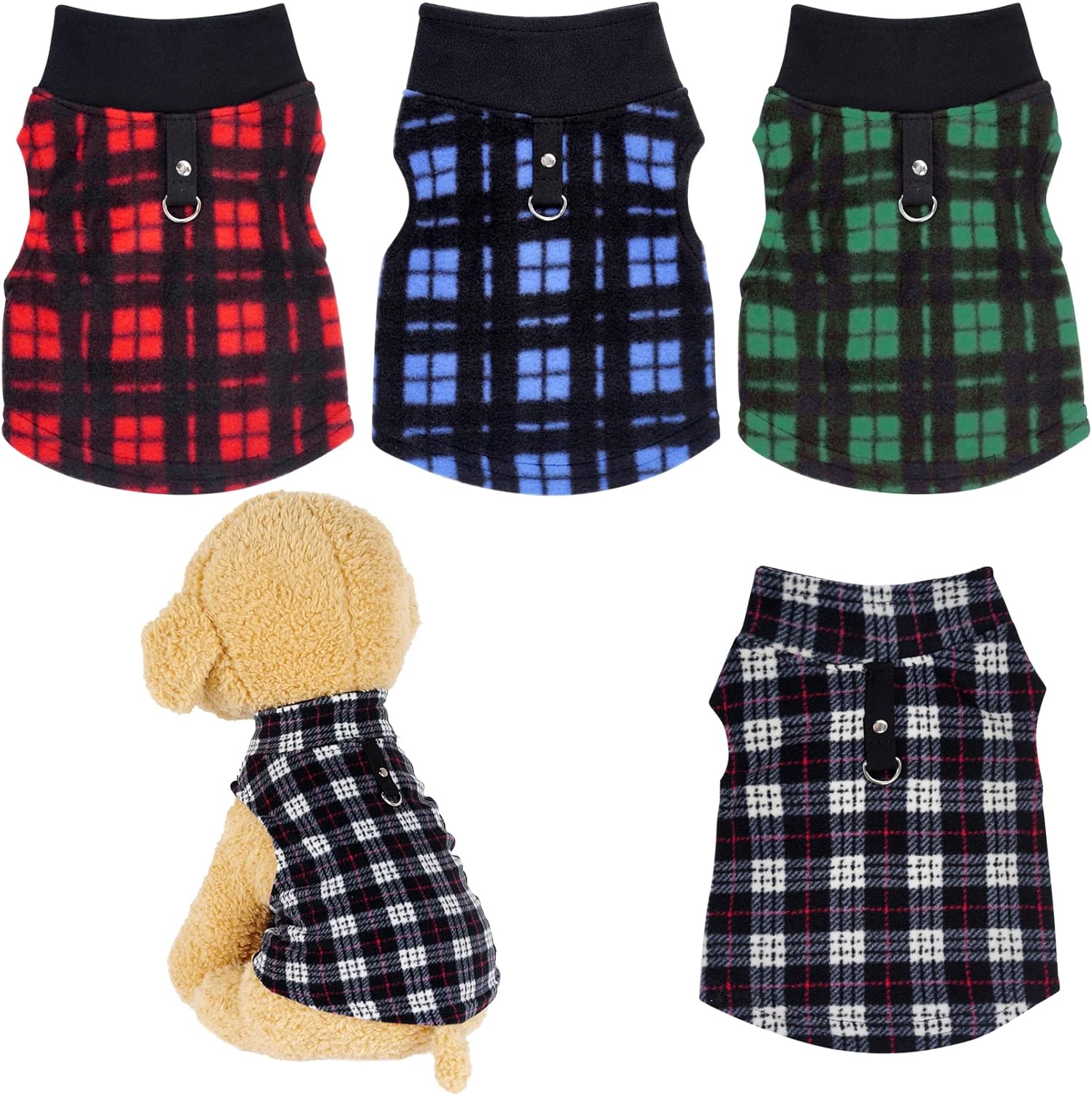 Rbenxia Buffalo Plaid Dog Sweaters with Leash Ring – Soft Fleece Vest Jacket Pet Clothes Winter Outfits for Small Puppy Cat Pets (Medium)