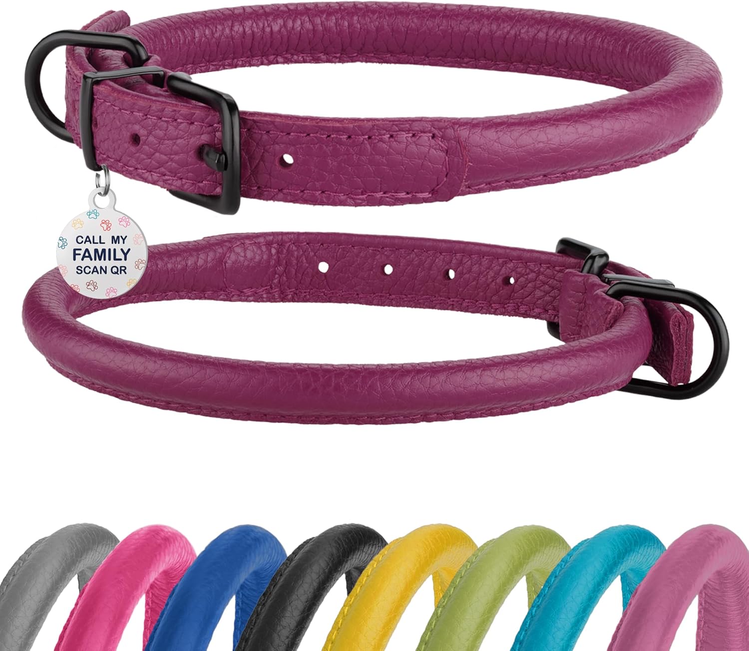 Rolled Leather Dog Collar Soft Round Collars, ID Tag for Small Medium Large Dogs (9-12 inch, Pink Berry)