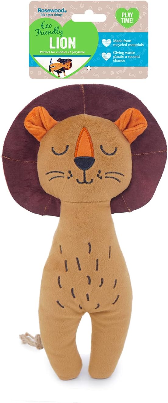 Rosewood Eco Friendly Plush Lion Dog Toy with Squeaker, Made from Recycled Plastic Bottles, Mixed