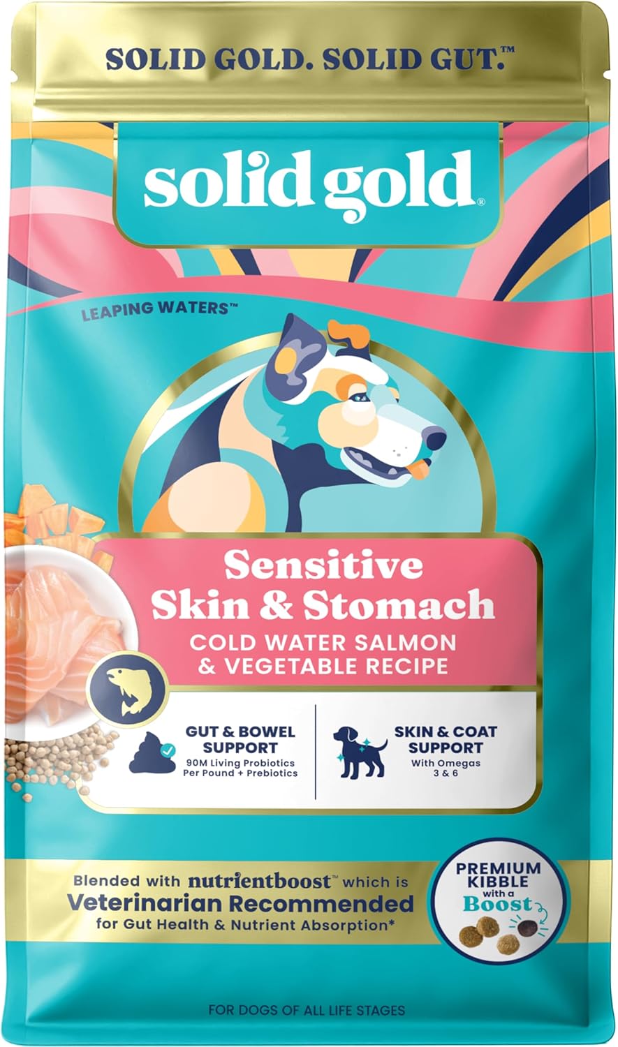 Solid Gold Salmon Dog Food for Sensitive Stomachs – Grain Free & Gluten Free Kibble w/Probiotics to Support Gut Health & Digestion – Sensitive Stomach Dog Food for All Ages – Nutrientboost™ – 3.75 LB