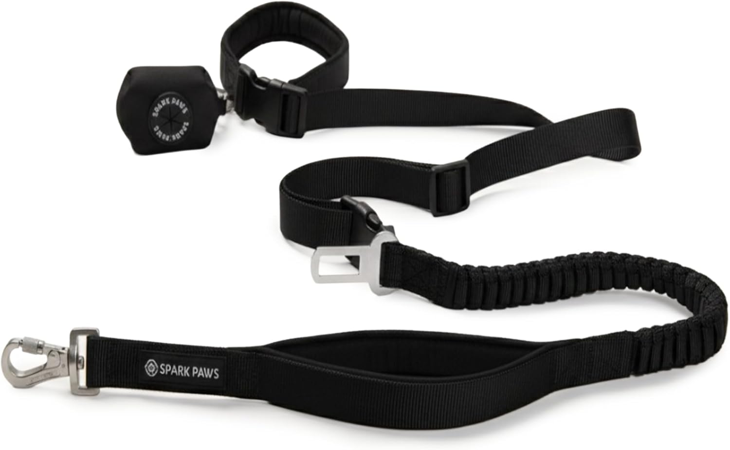 Spark Paws Handsfree Dog Leash – Shock Absorbing Waist Bungee Lead for Running, Car Seatbelt Clip & Poop Bag Set, Heavy Duty Tactical Lead for Medium, Large & X-Large Breeds – Black