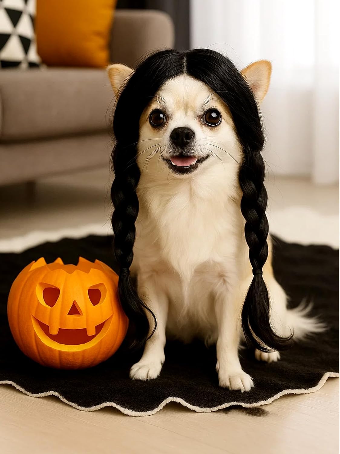 Swooflia Dog Wig – Black Long Braids Weds Pet Wigs for Small Large Medium Breed Dogs, Halloween Cosplay Costume Accessories for French English Bulldog Weiner Weenie Dachshund Corgi Pug Chihuahua Puppy